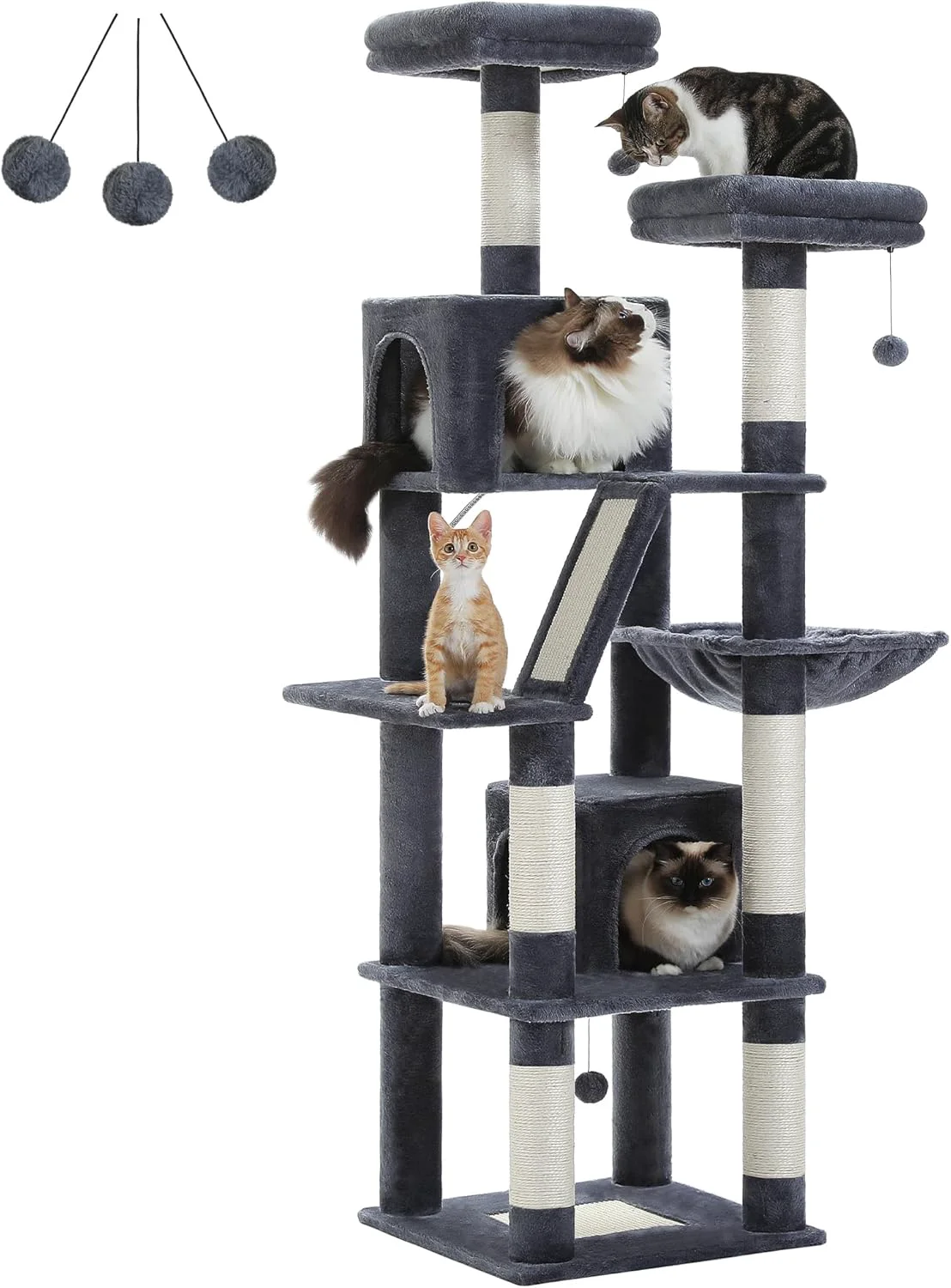 Superior PAWZ Road 70 Inch Cat Tower Tall Cat Tree with 2 Cozy Condos 2 Plush Perch Large Basket 2 Scraching Pad 6 Scraching Posts for Indoor Cats Large Adult Dark Gray Reusable