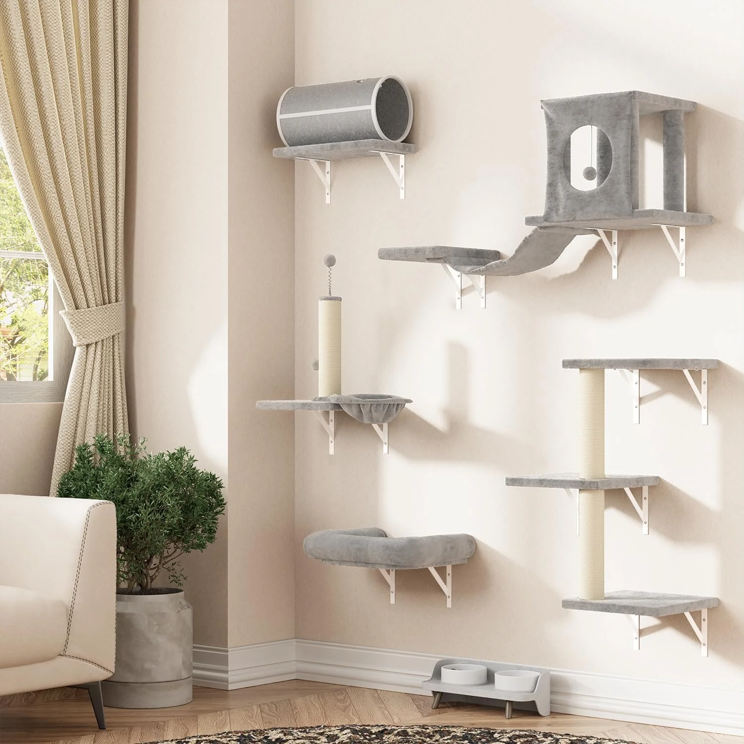 Unique NUNU LAB 7-in-1 Wall Mounted Cat Climber Set Cat Furniture Set with House Tunnel Bridge Tree Steps Scratcher Board Hammock Luxury Wall Shelves for Indoor Gray Premium Material