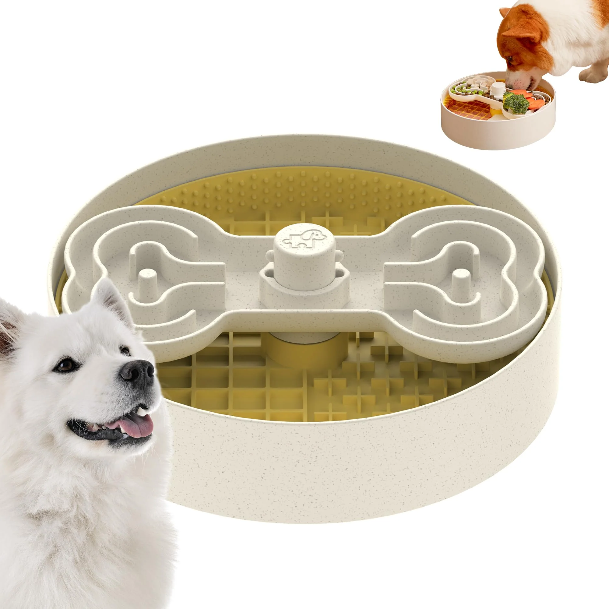 Top-Quality Puzzle Feeder Slow Feeder Dog Bowl with Lick Mat – Non-Slip Adjustable Speed Yellow Safe