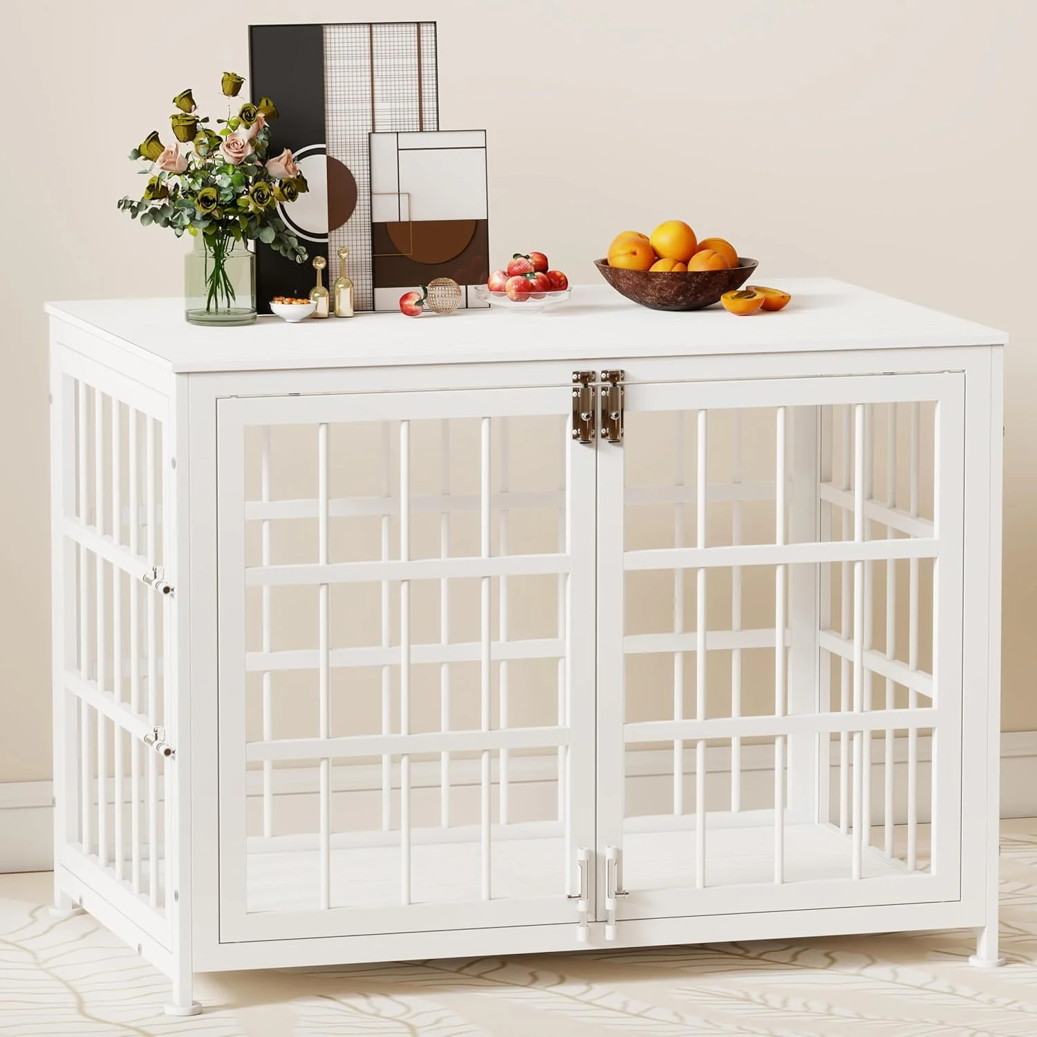 Easy-to-Use 32 Inch Heavy Duty Wooden Dog Kennel End Table with Double Door Design and Secure Locks Indoor Pet Crate Furniture for Medium Dogs Decorative Home Cage Design White Verified