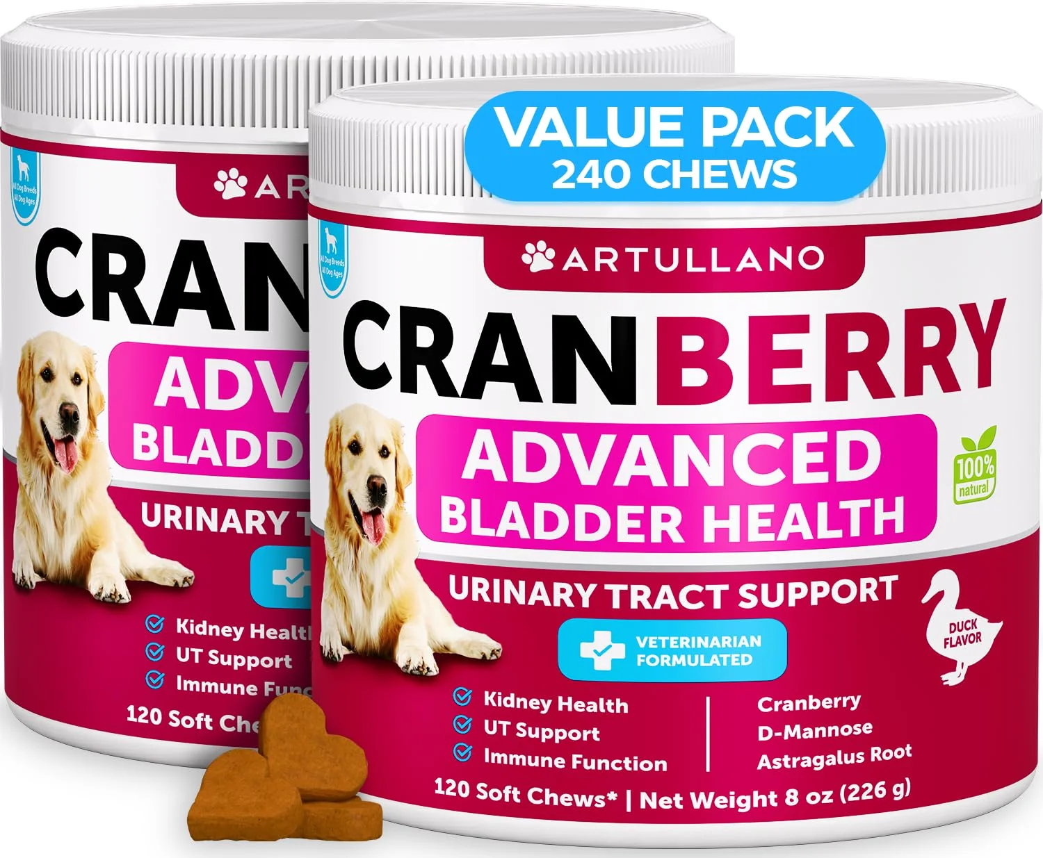 Top-Quality Artullano 2 Pack Cranberry UTI Chews for Dogs – 240 Chews Urinary Bladder Support Sustainable