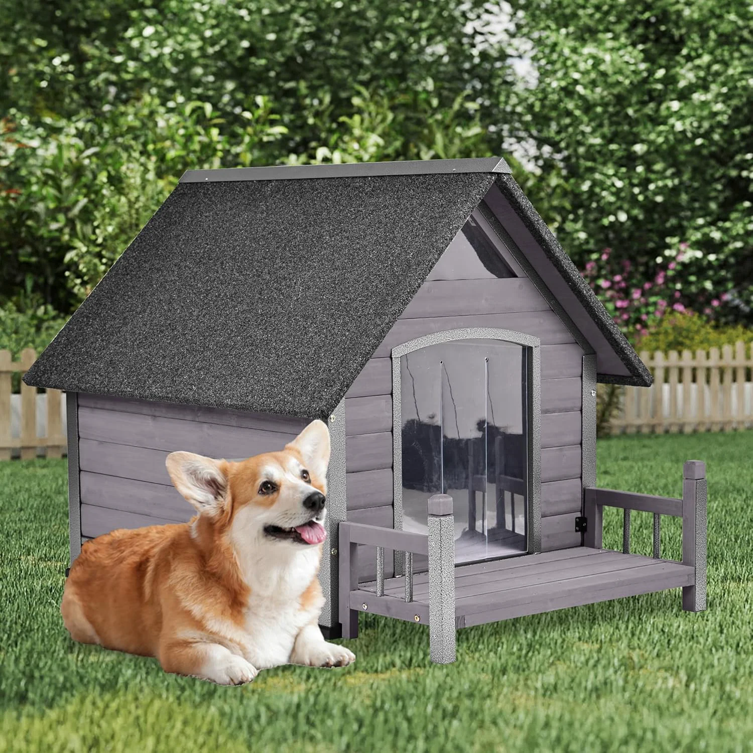 Artisan GUTINNEEN Dog House Outdoor Weatherproof with Porch Puppy Shelter Indoor with Anti-Bite Design PVC Curtain Asphalt Roof d Waterproof Base for Small to Medium Dogs - Grey Pure