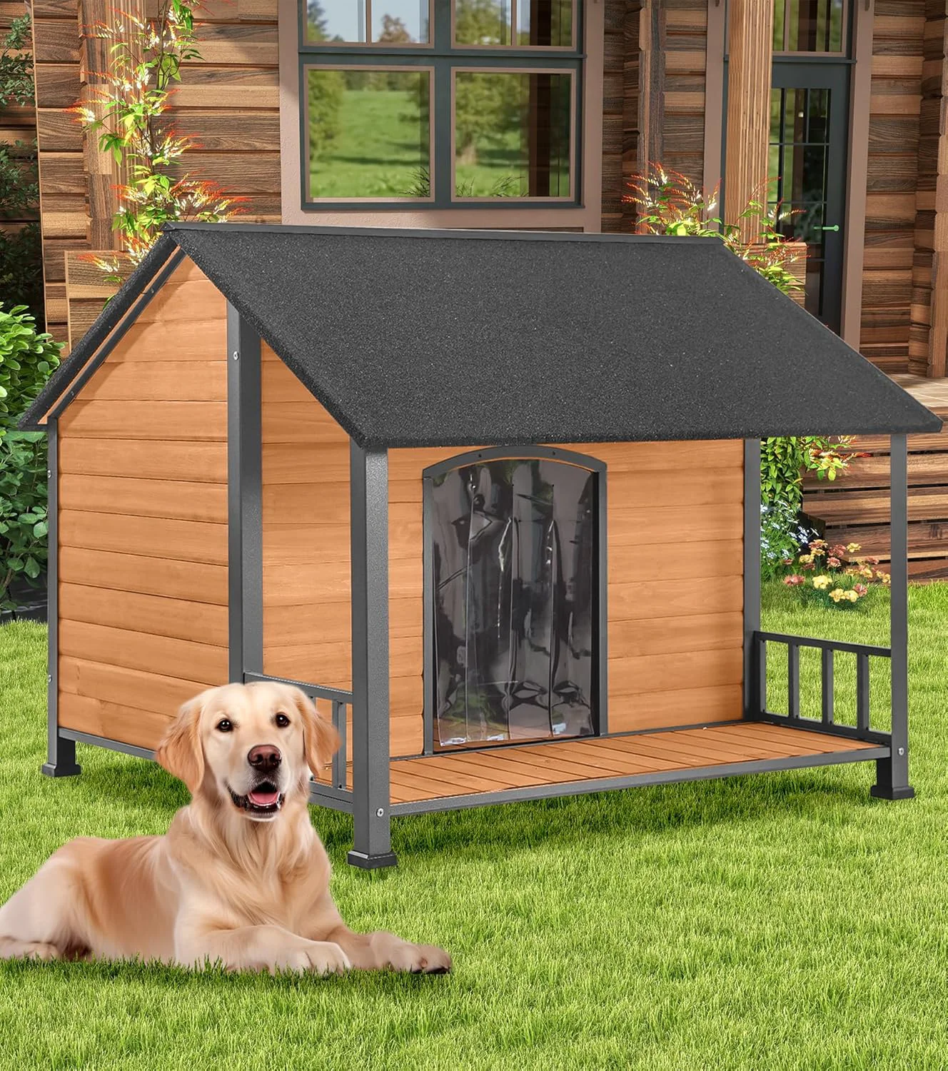Specialty Gutinneen Large Dog House Outdoor with Strength Metal Frame Outside Dog House with Waterproof Roof PVC Curtain Fir Wood Patio Design for Small Medium Large Dogs Green