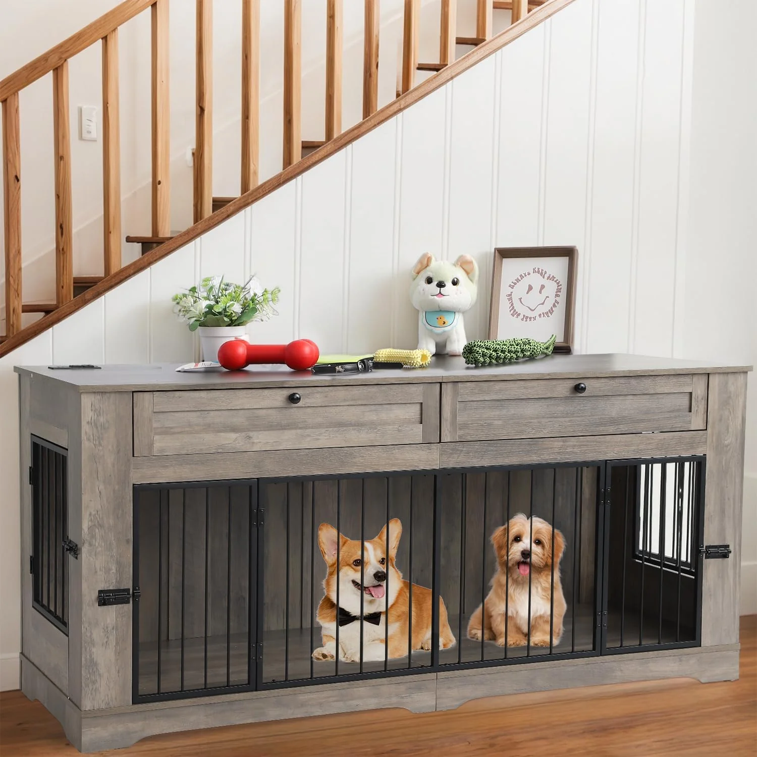 Easy-to-Use Large Dog Crate Furniture-Decorative Heavy Duty Dog Cage Indoor Wooden Dog Cage End Table with Charging Station Dog House with 2 Drawers Gray 70.86''L Premium