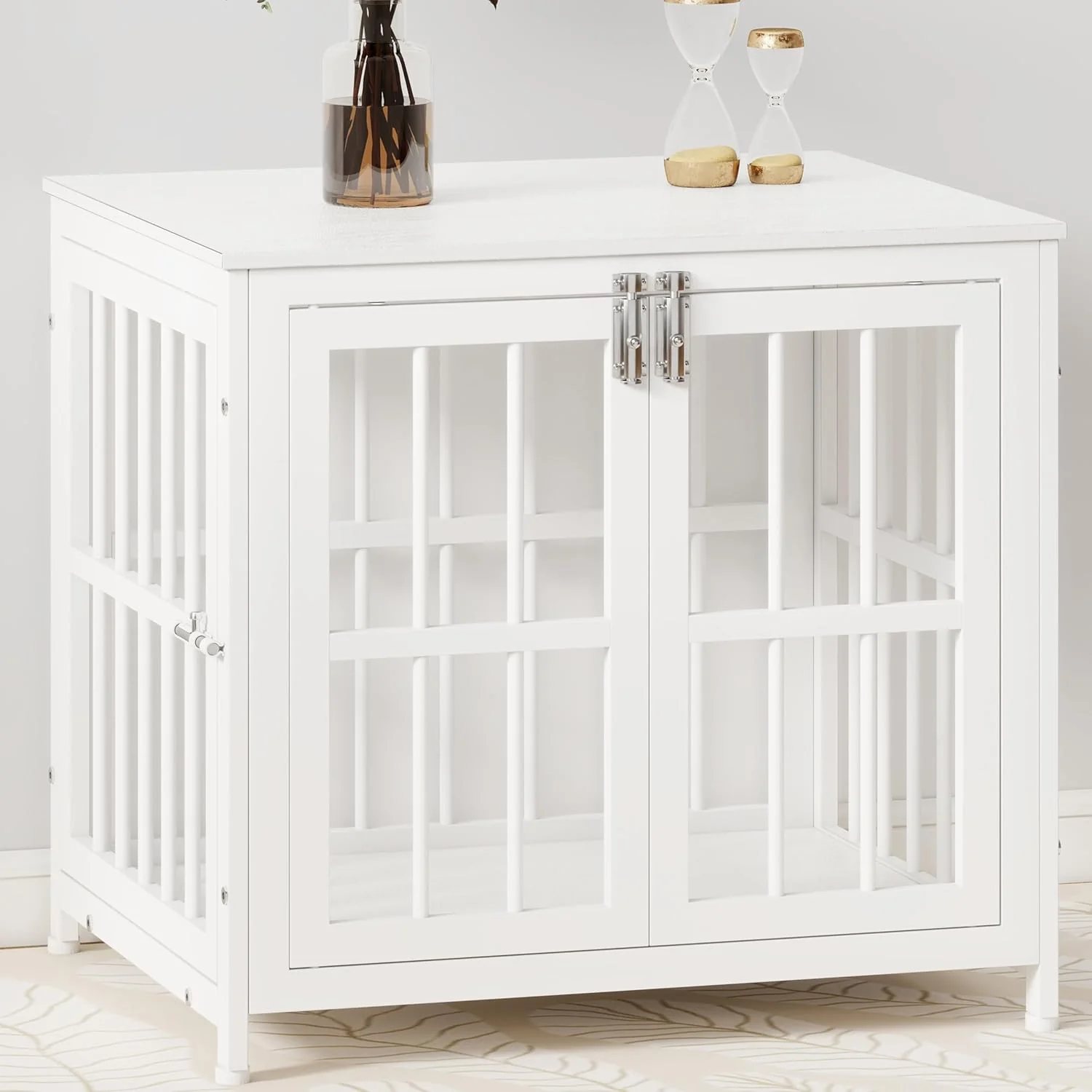 Stylish 26 Inch Heavy Duty Wooden Dog Kennel End Table with Double Door Design and Secure Locks Indoor Pet Crate Furniture for Small Dogs Decorative Home Cage Design White Traditional
