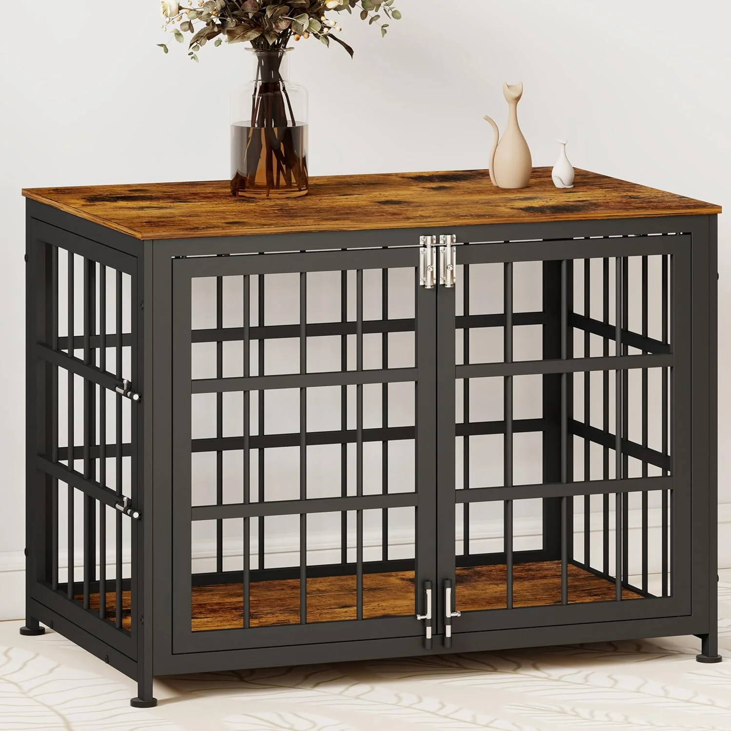 Soft 32 Inch Heavy Duty Wooden Dog Kennel End Table with Double Door Design and Secure Locks Indoor Pet Crate Furniture for Medium Dogs Decorative Home Cage Design Aged Black Original