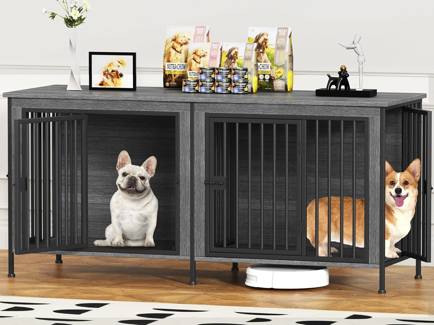 Luxury EasyCom 63 Dog Cage Furniture for 2 Pets with Divider XL Wooden Double Dog Crate Furniture TV Stand for Mideum Breed Durable and Sturdy Prestigious