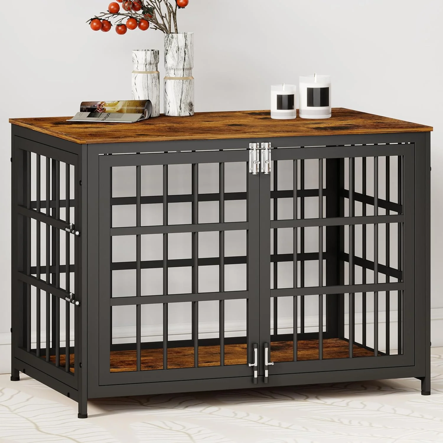 Authentic 38 Inch Heavy Duty Wooden Dog Kennel End Table with Double Door Design and Secure Locks Indoor Pet Crate Furniture for Medium Dogs Decorative Home Cage Design Aged Black High-Quality