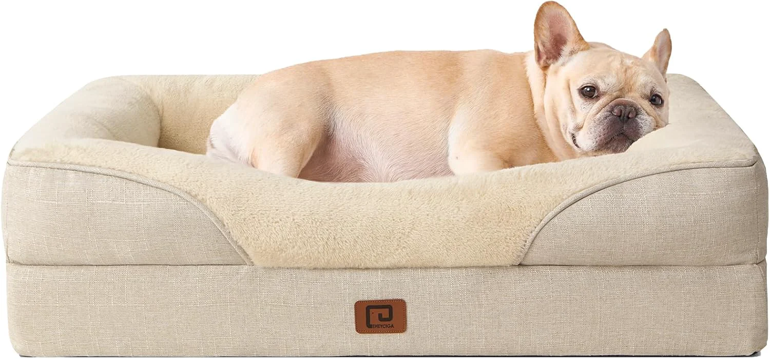 Stylish EHEYCIGA Memory Foam Dog Bed for Medium Size Orthopedic Dog Sofa with Sides and Waterproof Liner Washable Bolster Pet Bed Couch with Removable Cover 30x20x6.5 Inch Beige Enhanced
