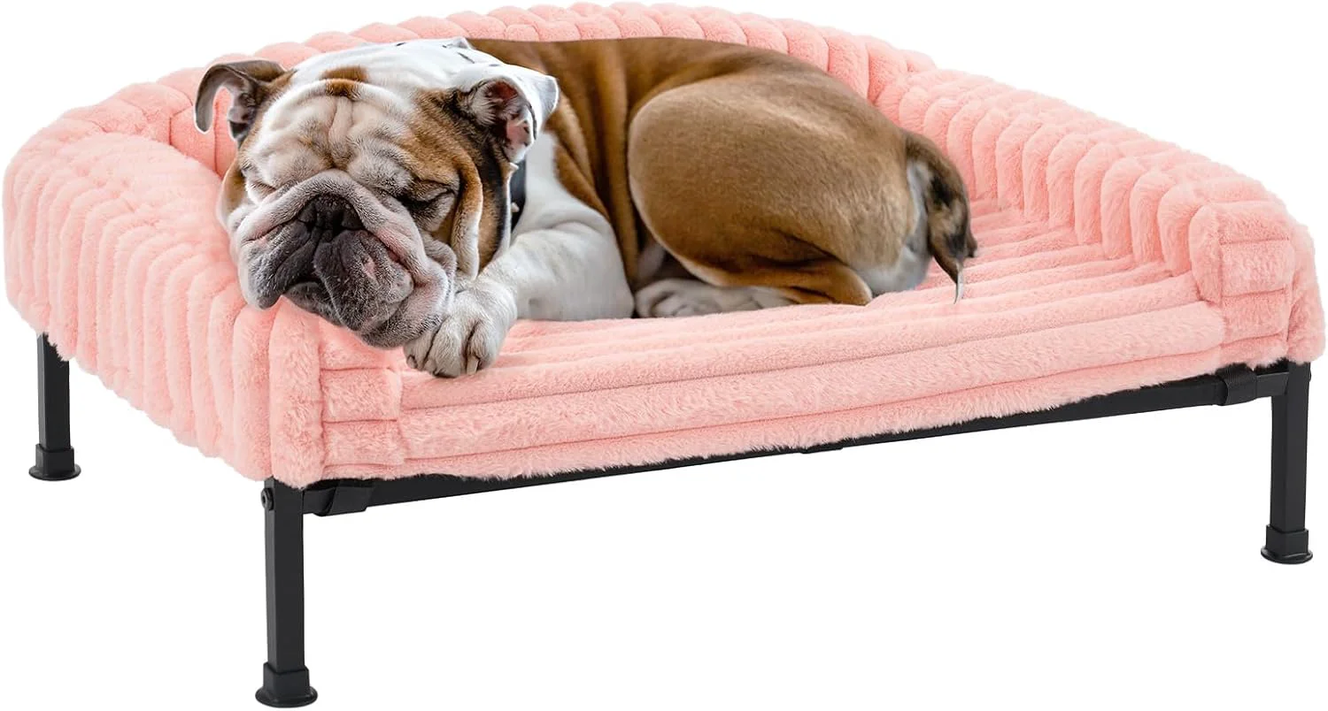 Sustainable Veehoo d Dog Bed with Bolster Cushion Fluffy Plush Dog Couch Beds for Small Dogs Cats Washable Raised Pet Cot with Non-Slip Feet for Indoor or Patios Use 36 x 28 Inches Pink Flexible