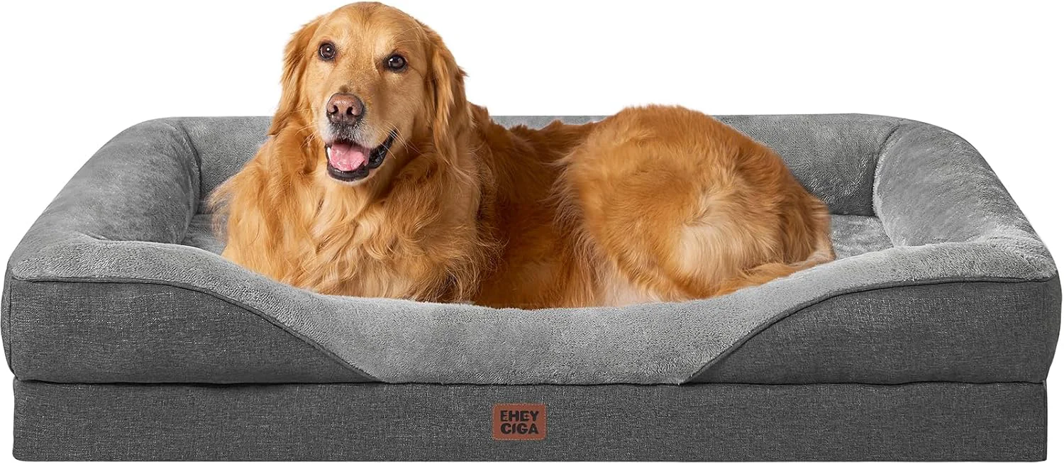 Superior EHEYCIGA Memory Foam XL Dog Bed for XLarge Sized Extra Large Orthopedic Dog Sofa with Sides and Waterproof Liner Washable Bolster Pet Couch with Removable Cover 48x35x7.5 Inch Grey Refined