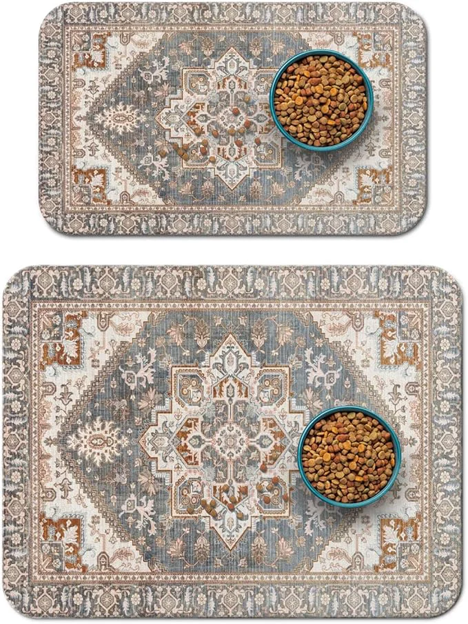 Refined 2 Pack Dog Food Mats for Floors Absorbent and Quick-Drying Pet Cat Food Mat Durable