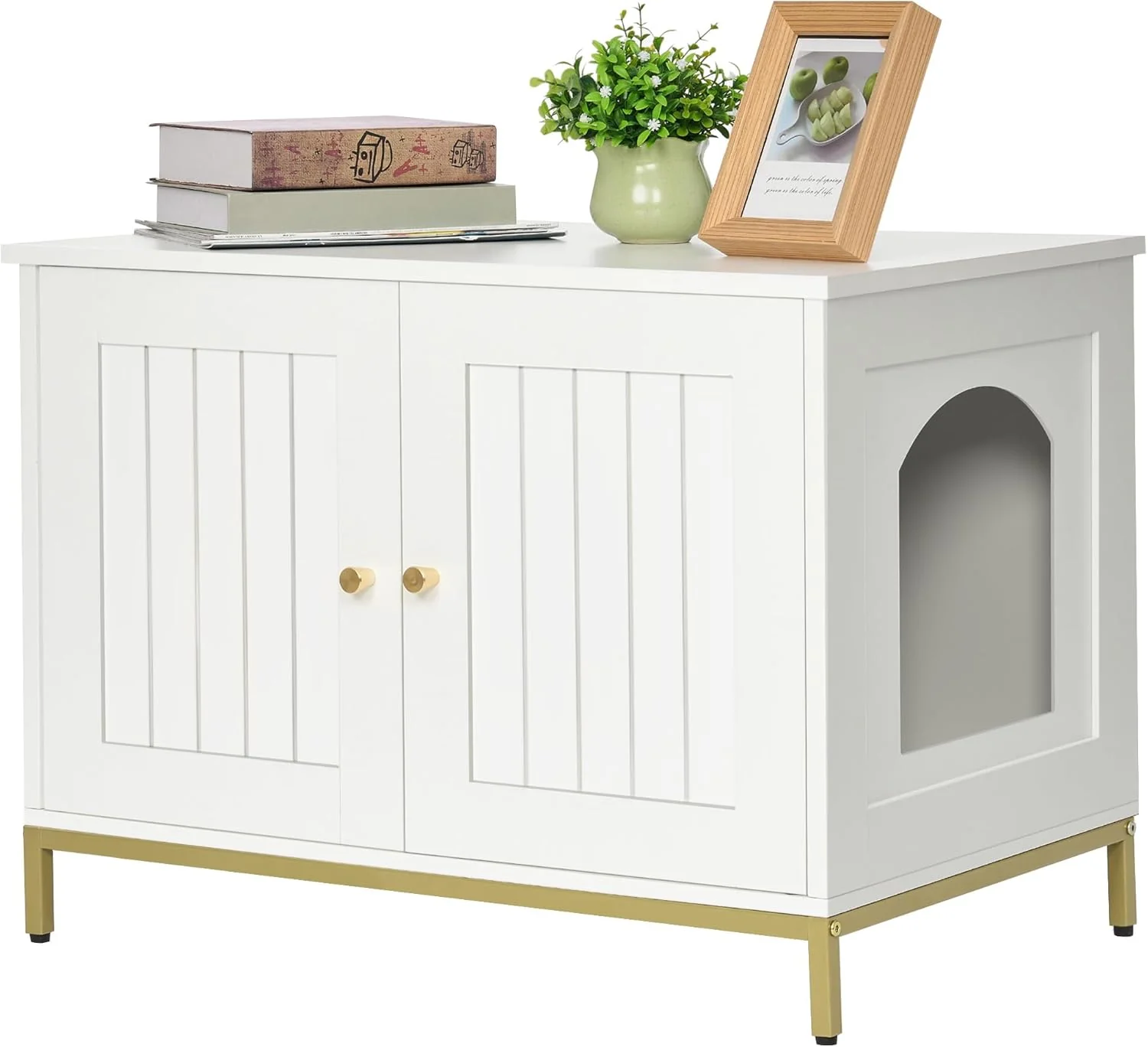 Smart Homhedy Cat Litter Box Enclosure Cat Washroom Furniture with Metal Frame Pet House Fit Most of Litter Box Modern Style White and Gold Relaxed