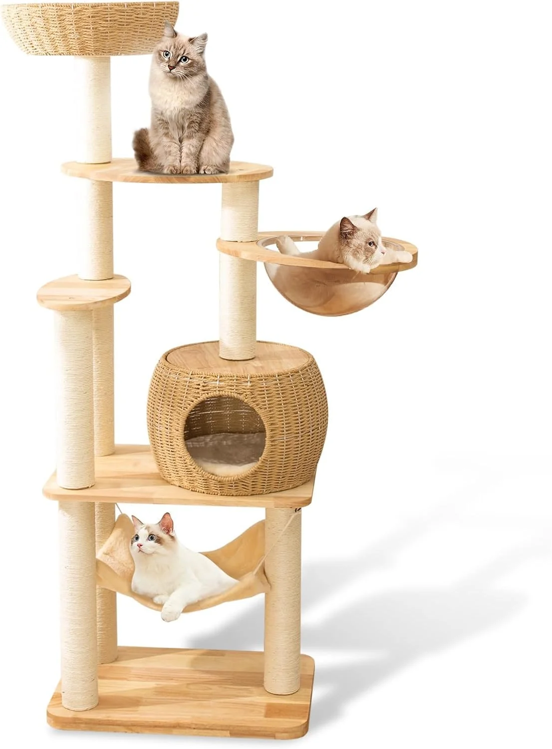 Advanced 59 Big Modern Cat Tree Tower Cat Tower Sisal-Covered Scratching Posts for Indoor Cats Oak Wood Cat Tree for Large Cats Multi-Level Cat Condo with Space Capsule Nest Cat Furniture Activity Centre Stylish
