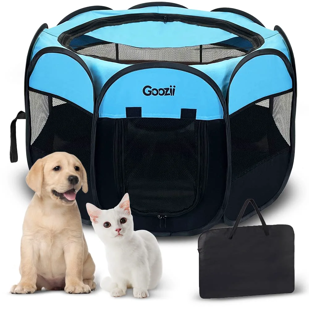 Top-Quality Goozii Portable Dog Playpen – Collapsible Indoor Outdoor Pen Medium Black Blue World-Class