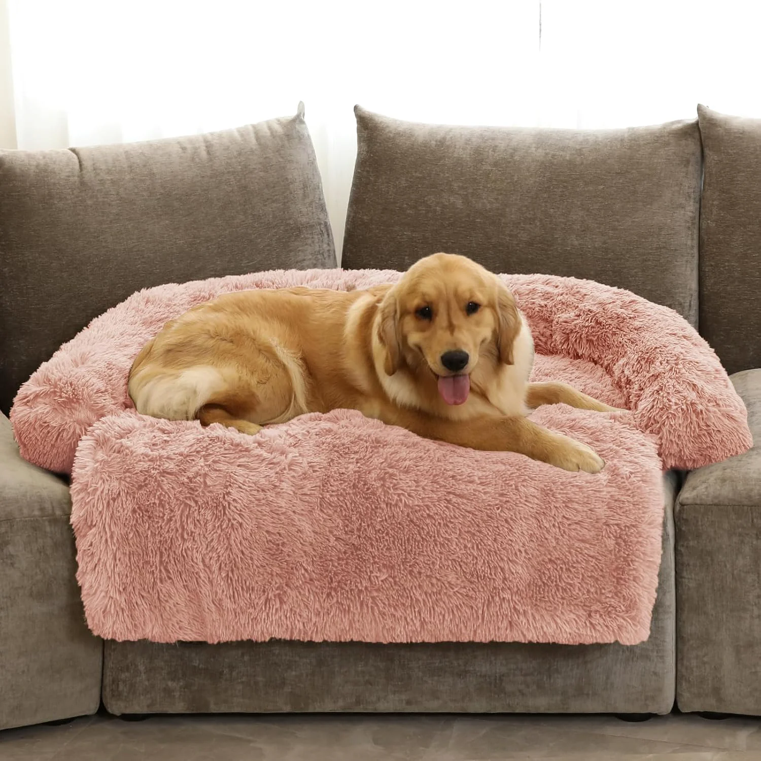 Authentic GGIB Calming Dog Bed Fluffy Plush Dog Mat for Furniture Protector with Removable Washable Cover for Large Medium Small Dogs and Cats Extra Large 53x39.3x6 Pink Classic