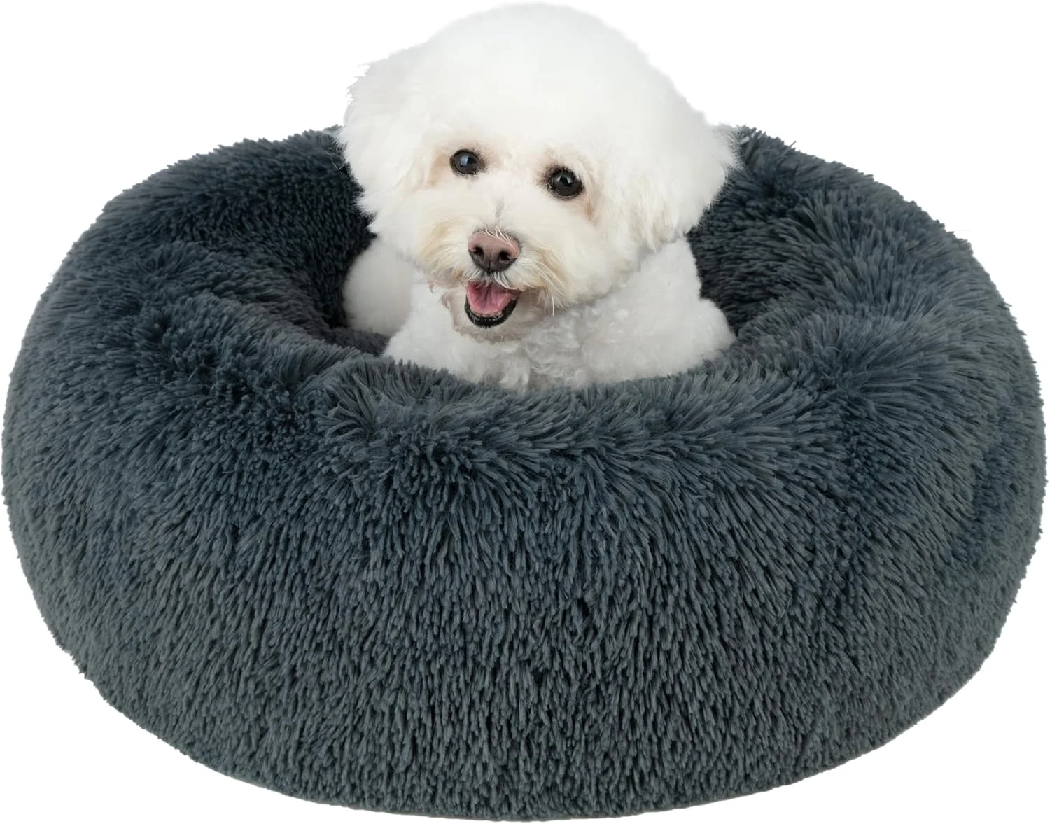 Authentic Pet Supplies Round Donut Dog Bed with Plush Faux Fur Fabric Calming Anti-Anxiety Cushion for Indoor Pets Slip-Resistant Base Soft Ergonomic Support - Gray 30x30x8'' Healthy
