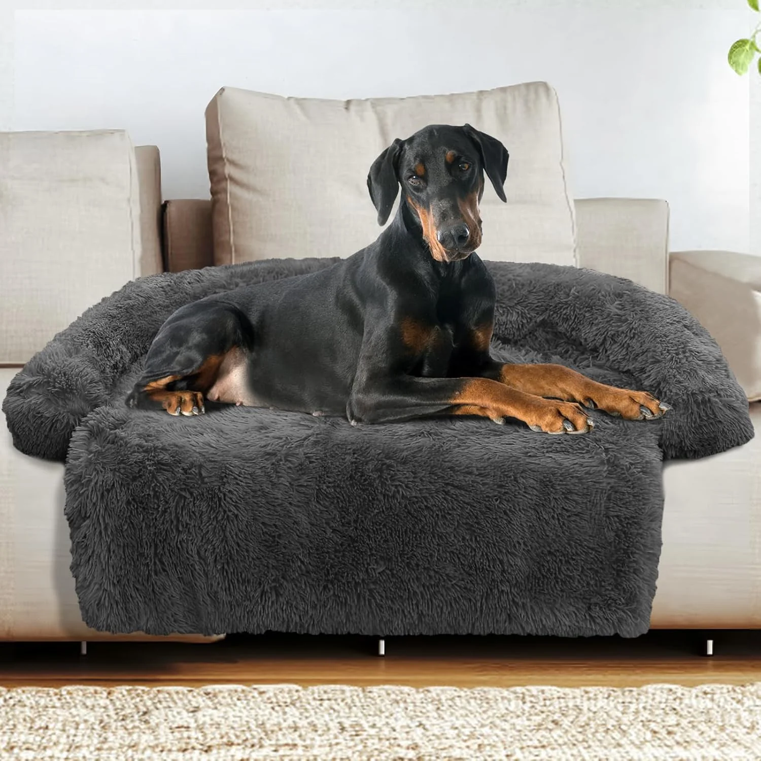 Clean GGIB Calming Dog Bed Fluffy Plush Dog Mat for Furniture Protector with Removable Washable Cover for Large Medium Small Dogs and Cats Extra Extra Large Dark Grey Advanced