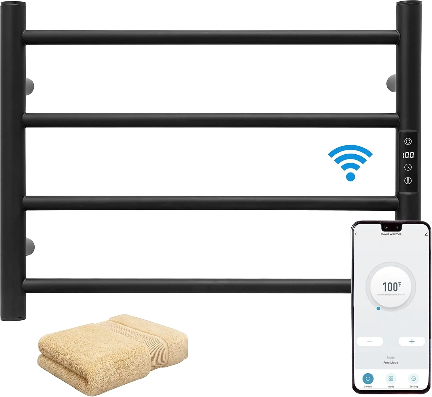 Pure KEG Smart WiFi Towel Warmer Wall Mounted with Built-in Timer and Temperature Adjust Control 4 Bars Electric Stainless Steel Heated Towel Racks for Bathroom Matte Black Green