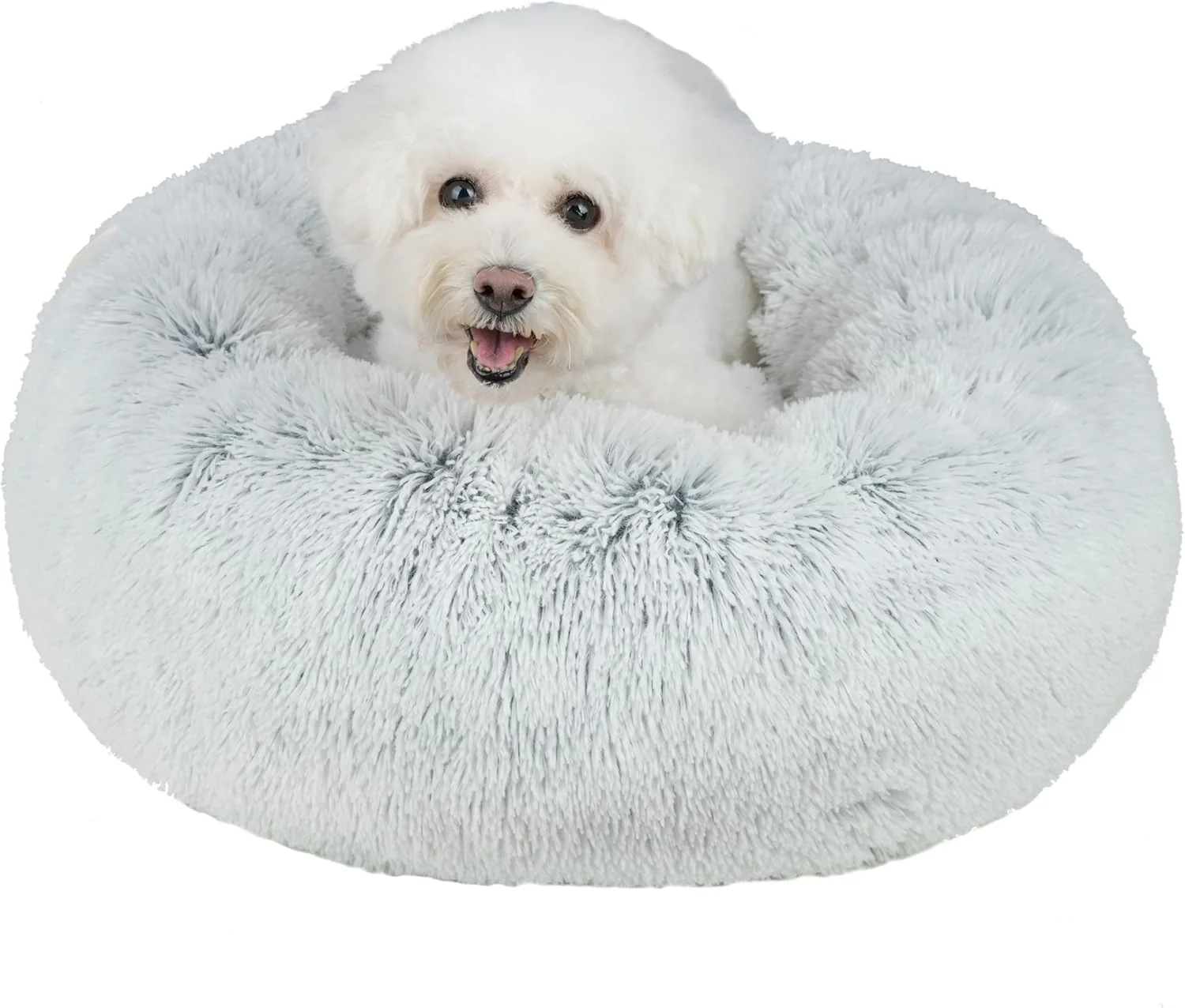 Casual Pet Supplies Round Donut Dog Bed with Plush Faux Fur Fabric Calming Anti-Anxiety Cushion for Indoor Pets Slip-Resistant Base Soft Ergonomic Support - Light Warm Gray 30x30x8'' Innovative
