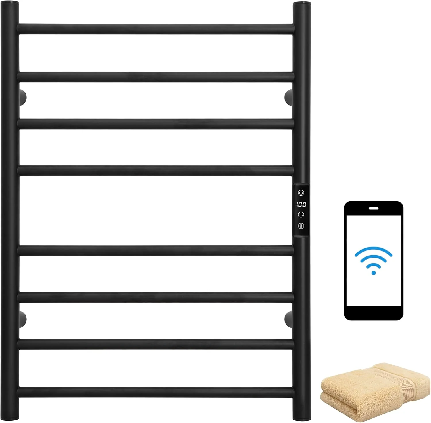 Sophisticated KEG Smart WiFi Towel Warmer Wall Mounted with Built-in Timer and Temperature Adjust Control 8 Bars Electric Stainless Steel Heated Towel Racks for Bathroom Black Fast