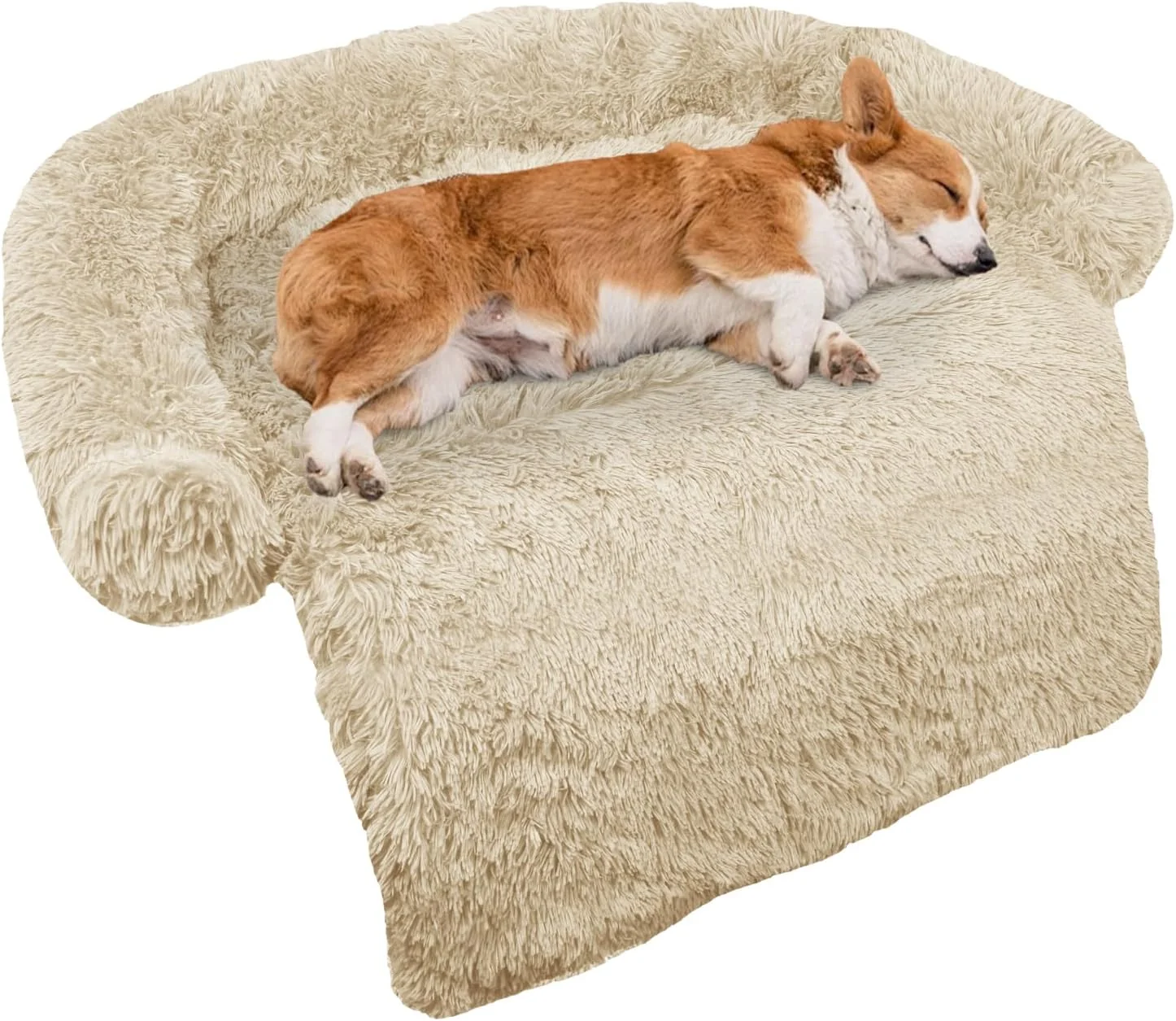 Top-Quality Calming Dog Bed Fluffy Plush Dog Mat for Furniture Protector with Removable Washable Cover for Large Medium Small Dogs and Cats Medium Beige Relaxed
