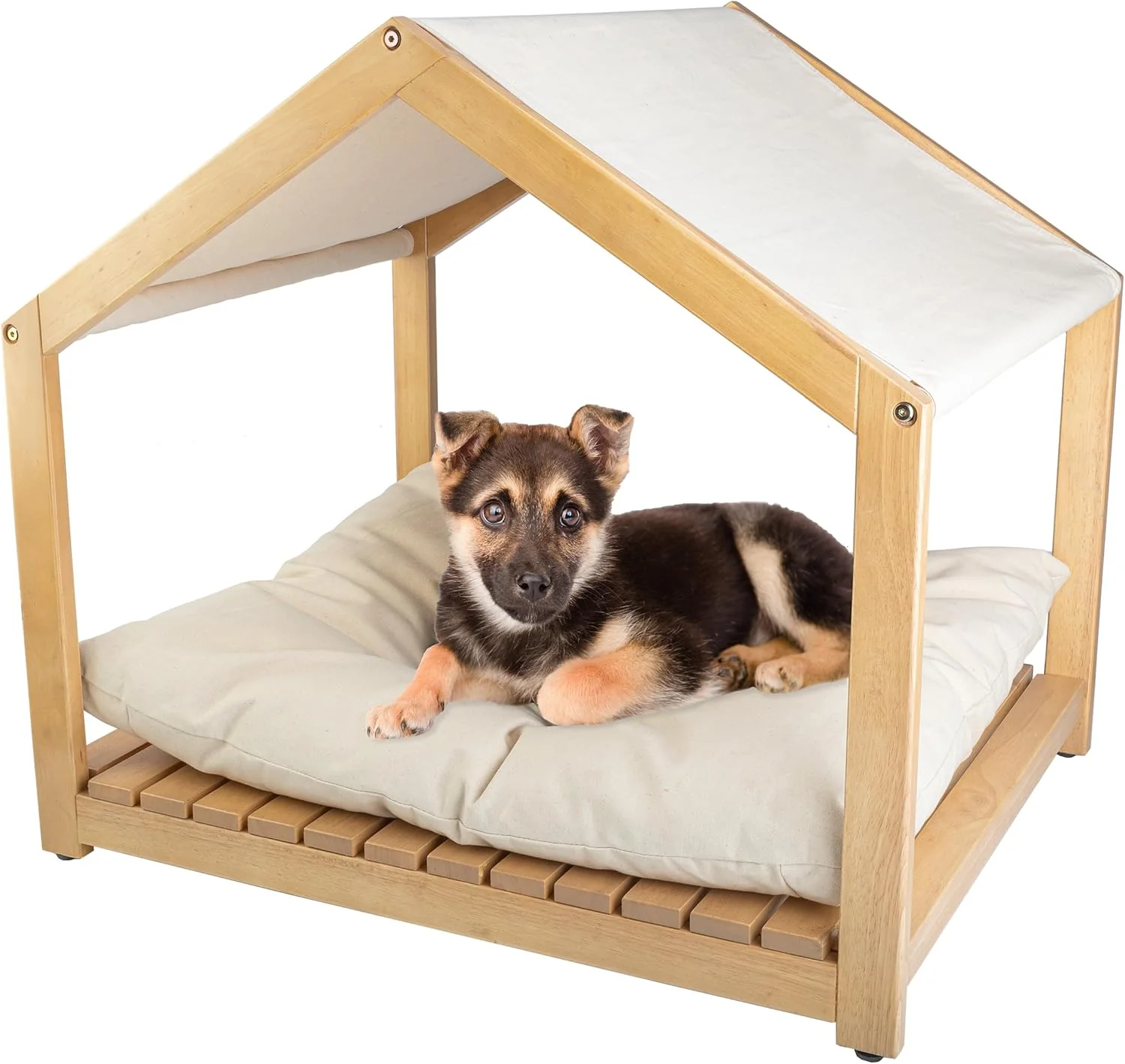 Exclusive Dog House - 30x24-Inch Indoor Dog House with Soft Cushion and Adjustable Canopy - Wood Dog Furniture for Small to Medium Pets up to 70lbs by PETMAKER Elite