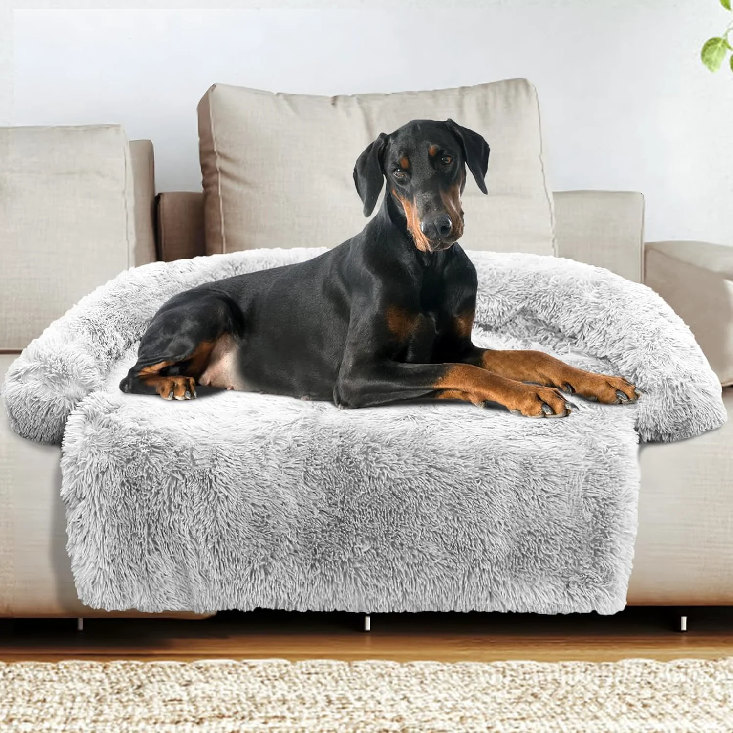 Comfortable GGIB Calming Dog Bed Fluffy Plush Dog Mat for Furniture Protector with Removable Washable Cover for Large Medium Small Dogs and Cats Extra Extra Large Light Grey Breathable