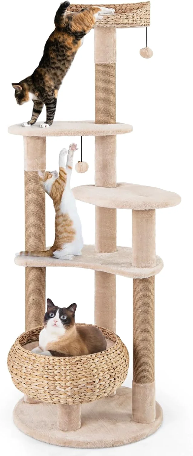 Safe PETSITE 65 inch Cattail Cat Tree Tower Multi-Level Cat Tower with Natural Jute Scratching Posts Cat Bed Top Perch Dangling Balls and Jumping Platforms Modern Tall Cat Tree for Indoor Cats Selected
