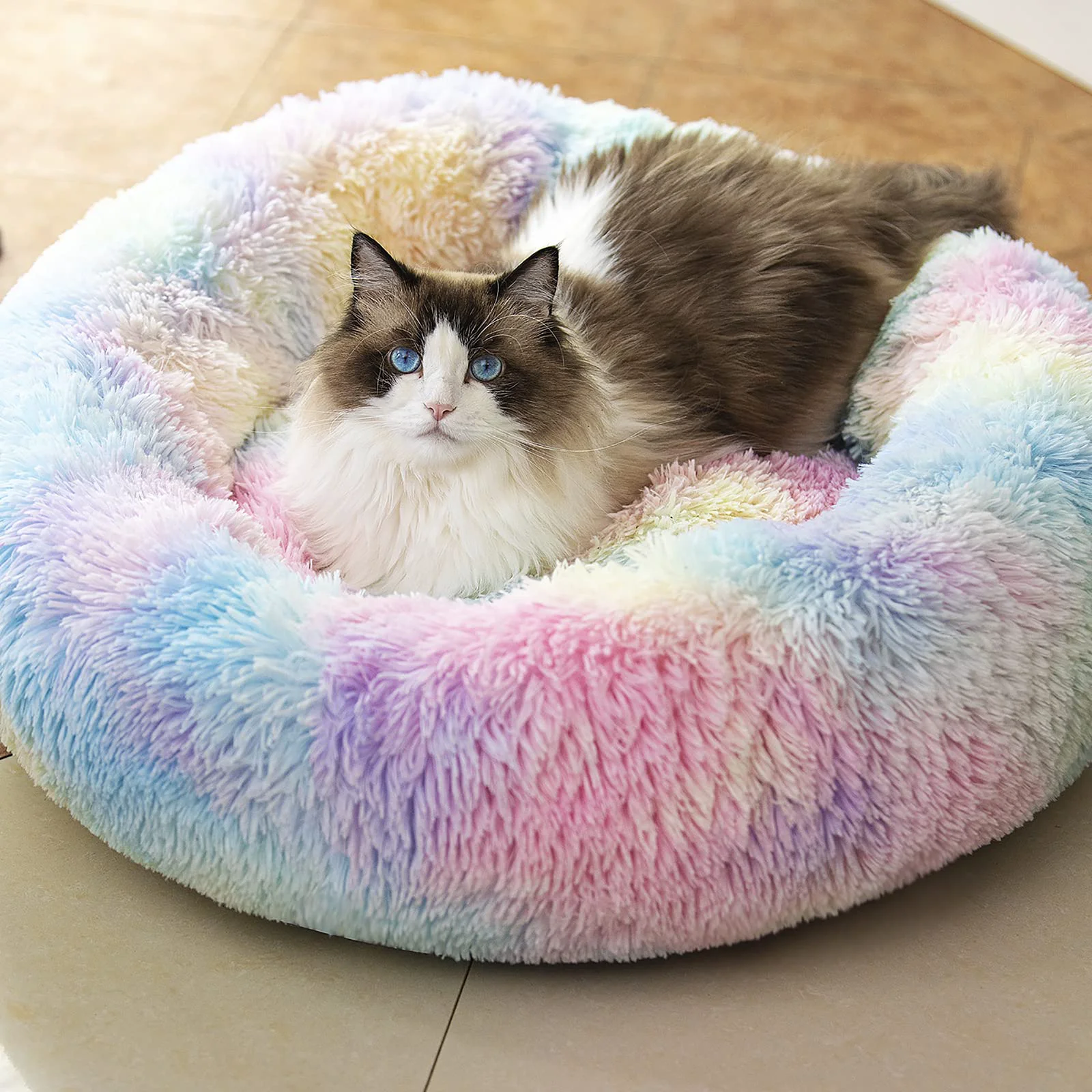 Specialty Raimaiso Anti Anxiety Round Fluffy Pet Bed – Washable Non-Slip Donut Style 20 24 27 Rainbow Top-Quality