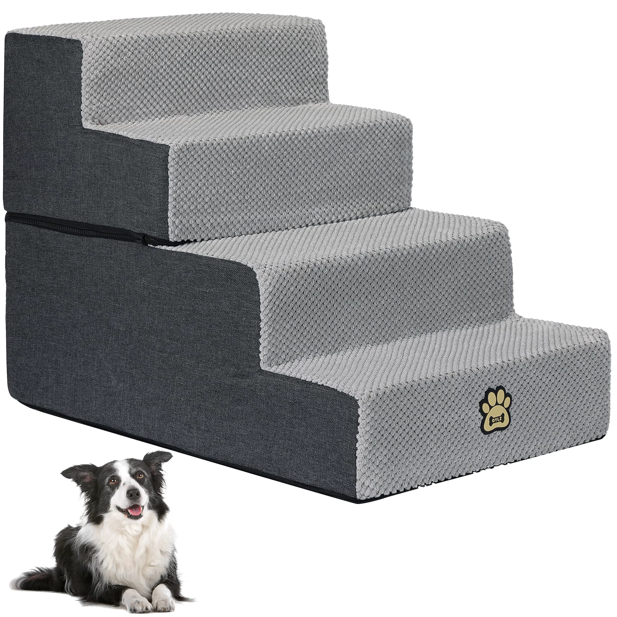 Modern OYLZ Dog Stairs – 4-Step Gray Pet Ladder 18-inch High Non-Slip Removable Washable Cover Unique