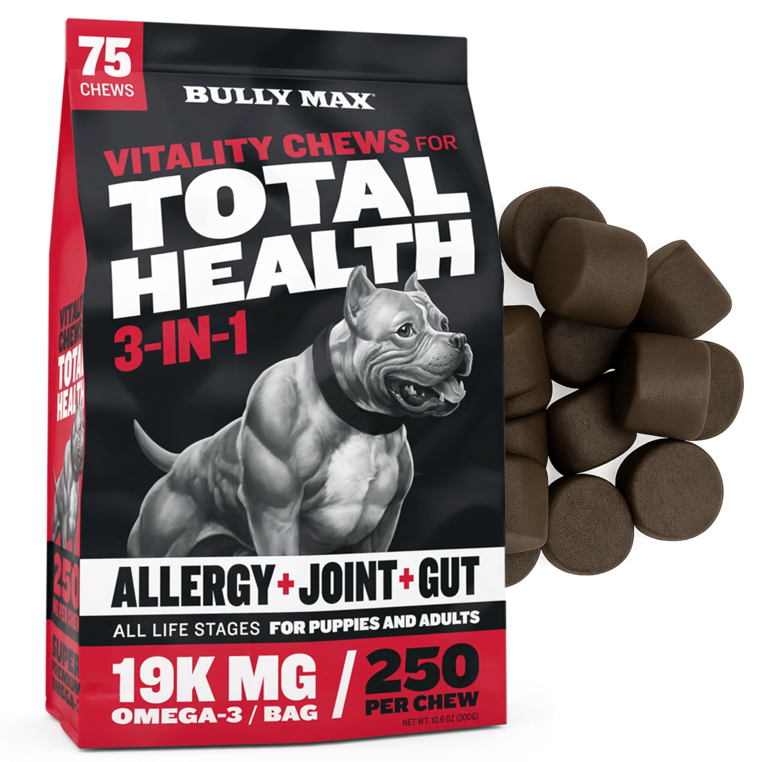 Next-Generation Bully Max Total Health Dog Chews – 75 Soft Multivitamin Treats for Skin Coat Joints Immunity Classic