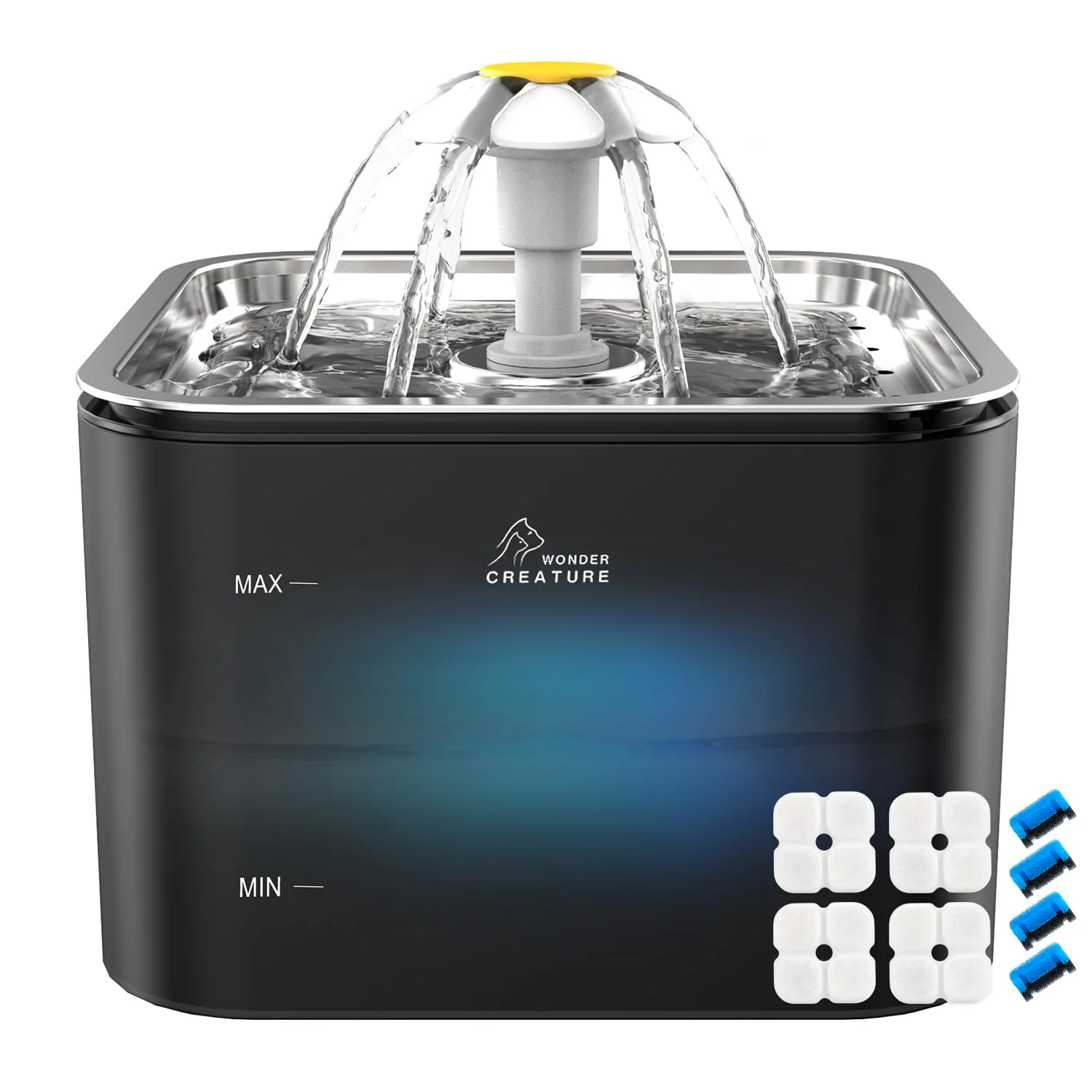 Unique Wonder Creature Crystal Cat Water Fountain – Stainless Steel 101oz 3 Drinking Modes LED Consistent