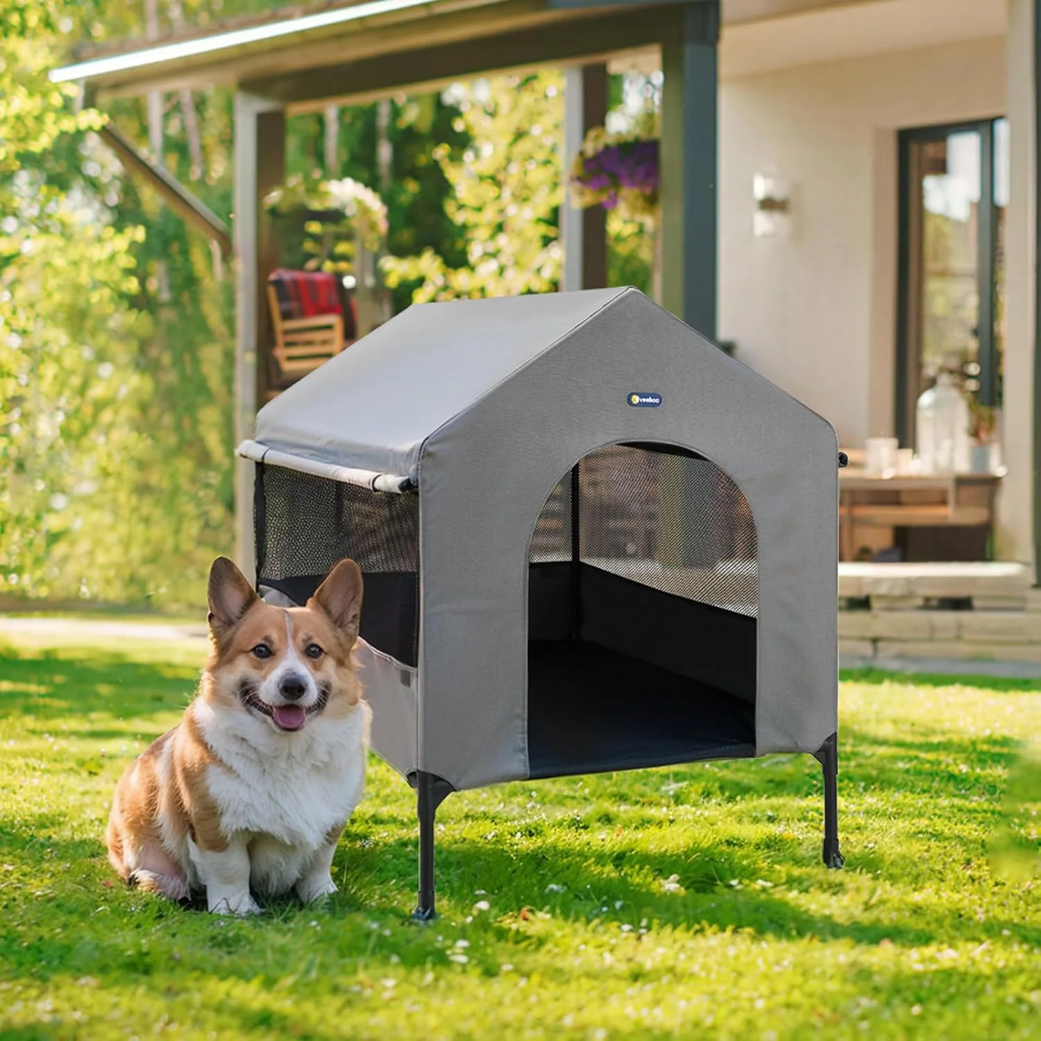 Trusted Veehoo 29 Dog House 2-in-1 Small Dog House Outdoor Indoor Weatherproof Outside d Dog Cot Bed Dog Tent Shade Three-Sided Breathable Mesh Windows and Sunshades CWC2435CP User-Friendly