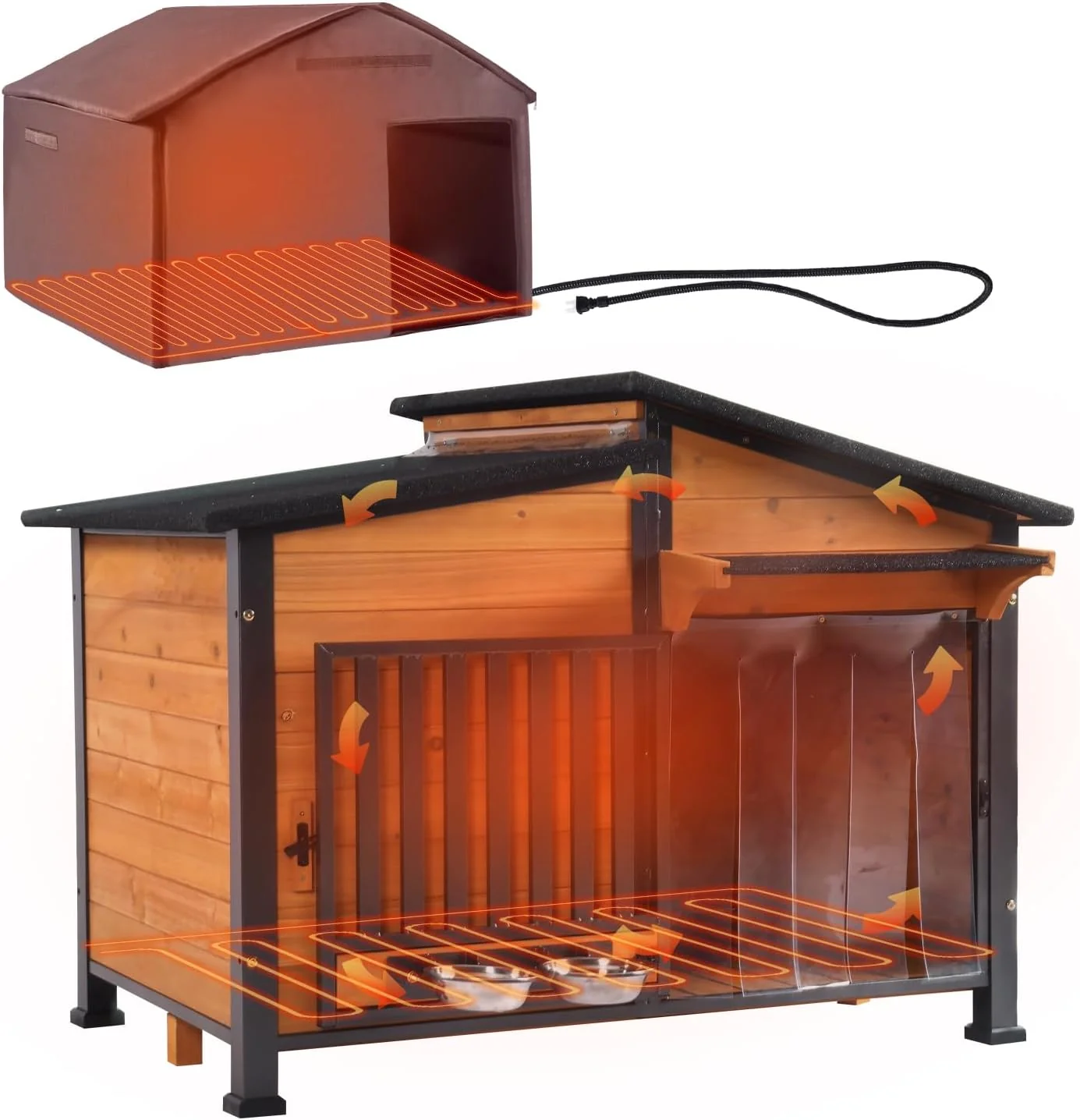 Enhanced GUTINNEEN Heated Dog House Outdoor Dog Kennel with Safe Heated Pad Chew-Proof Metal Frame and Rotating Food Bowl for Small to Medium Dogs 39.7 x25.5 x32.2 Dark Brown Versatile