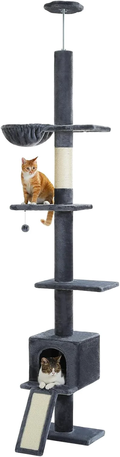Efficient PEQULTI Floor to Ceiling Cat Tree Tall Cat Tower Adjustable Height 83''-108'' 5 Levels Climbing Tree for Indoor Cats with Cat Condo Cozy Hammock and Scratching Post Smoky Grey Crafted