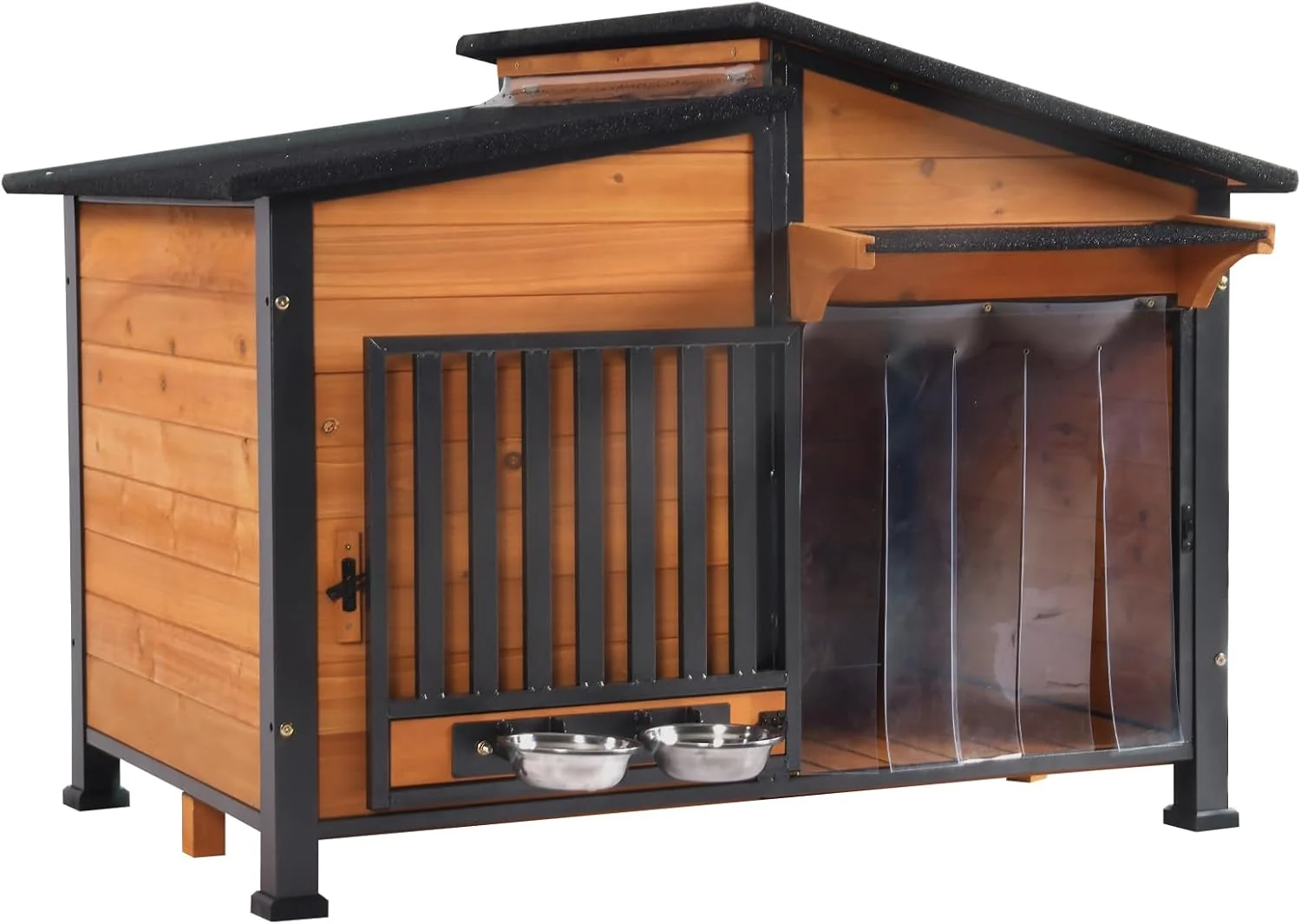 Comfortable GUTINNEEN Dog House Outdoor Dog Kennel with Chew-Proof Metal Frame Rotating Food Bowl PVC Door Curtain Weatherproof for Small Medium Dogs 39.7 L x 25.5 W x 32.2 H Dark Brown Efficient