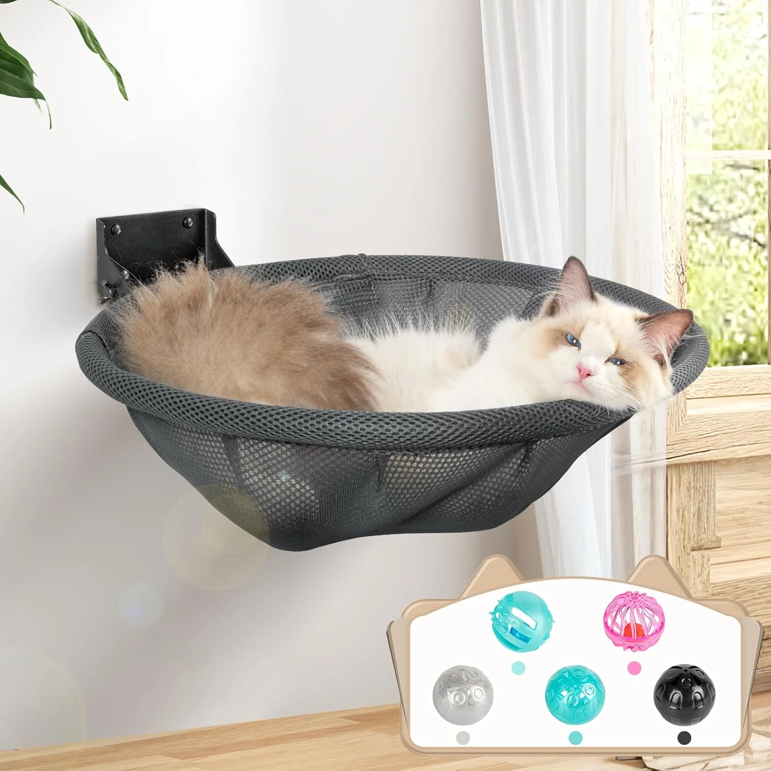 Eco-Friendly Cat Hammock Wall Mounted Foldable Stable Cat Beds- Breathable Cat Wall Shelves for Sleeping Playing Climbing and Lounging - Maximum Hold Up to 30lb Gray High-End