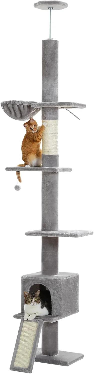 Clean PEQULTI Floor to Ceiling Cat Tree Tall Cat Tower Adjustable Height 83''-108'' 5 Levels Climbing Tree for Indoor Cats with Cat Condo Cozy Hammock and Scratching Post Grey Reliable