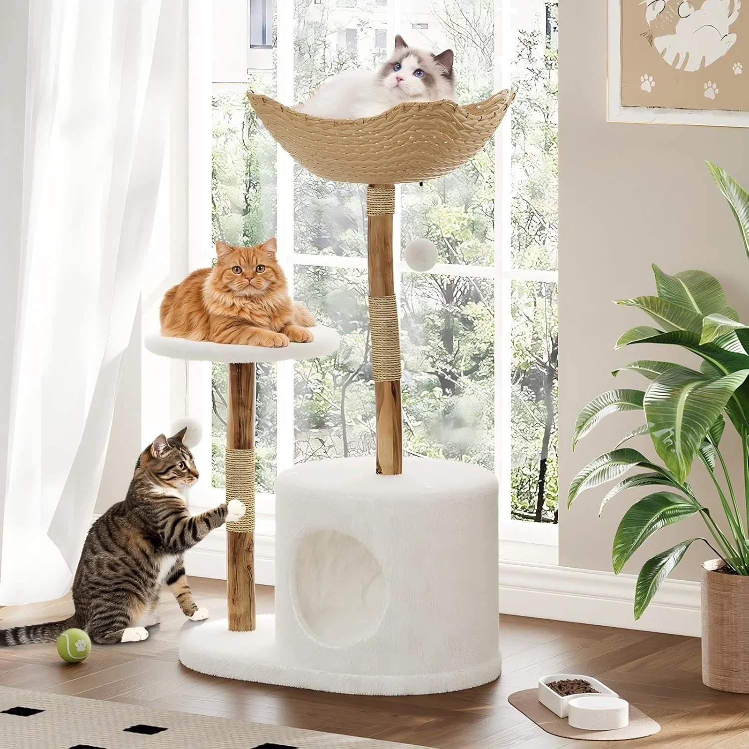 Selected Modern Wood Cat Tree Tower for Large Cats Luxury Solid Pear Wood Condo with Platforms Scratching Posts All-Season Mats 43 Aesthetic Cat Furniture 1 Branch Trendy