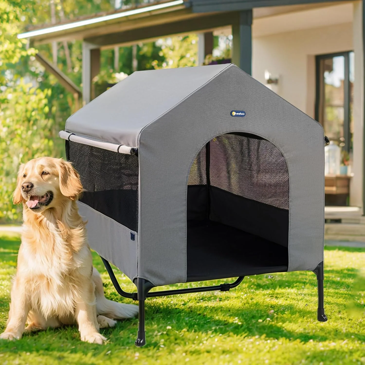 Responsible Veehoo 47 Dog House 2-in-1 X-Large Dog House Outdoor Indoor Weatherproof Outside d Dog Cot Bed Dog Tent Shade Three-Sided Breathable Mesh Windows and Sunshades CWC2435CP Durable