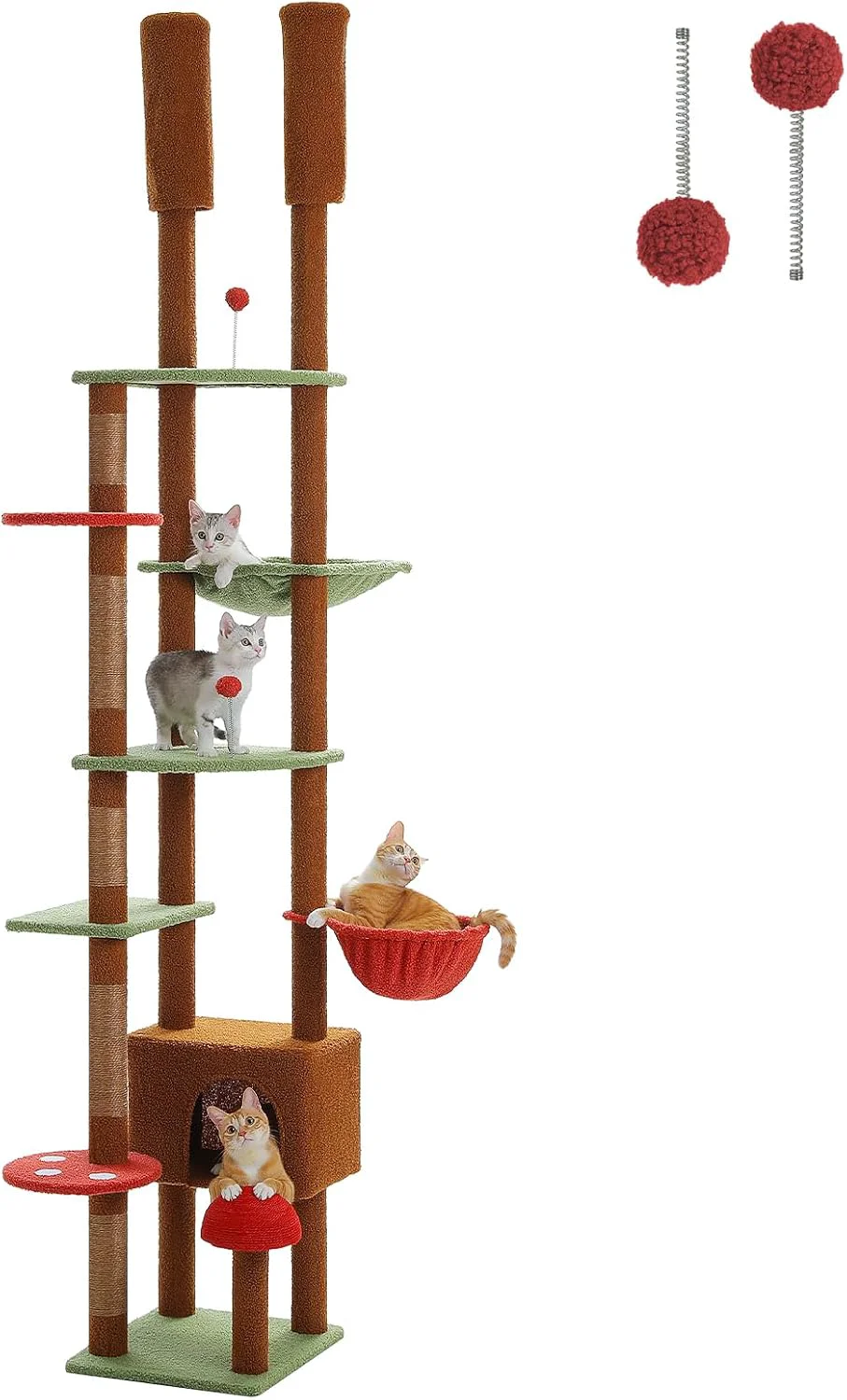 Authentic PEQULTI Mushroom Cat Tree Floor to Ceiling Cat Tower Adjustable Height 90.5''-100.4'' 230cm-252cm with Cat Condo Cozy Hammock and Scratching Post Tall Activity Tree for Indoor Cats Brown Convenient