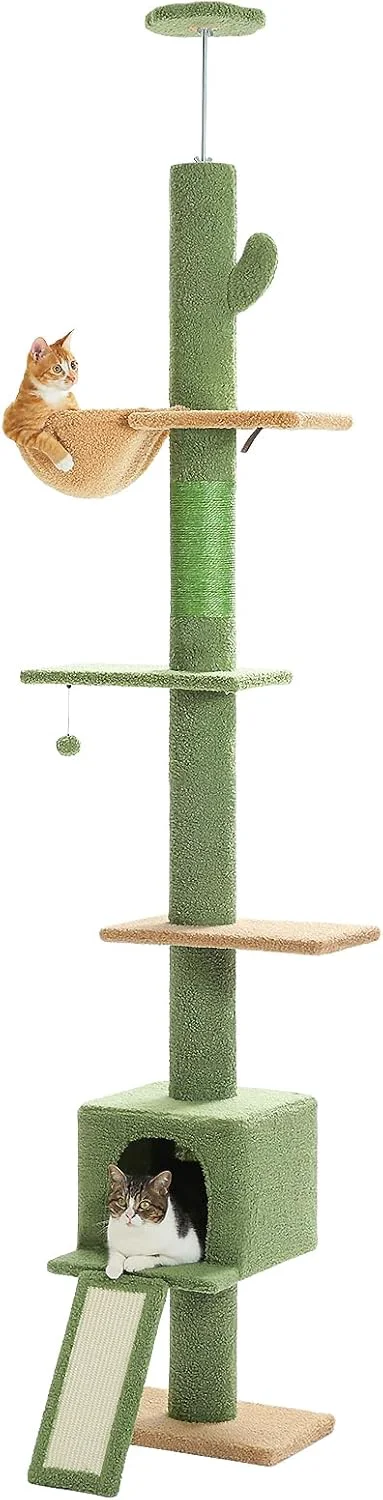 Elite PEQULTI Floor to Ceiling Cat Tree Tall Cat Tower Adjustable Height 83''-108'' 5 Levels Climbing Tree for Indoor Cats with Cat Condo Cozy Hammock and Scratching Post Green First-Class