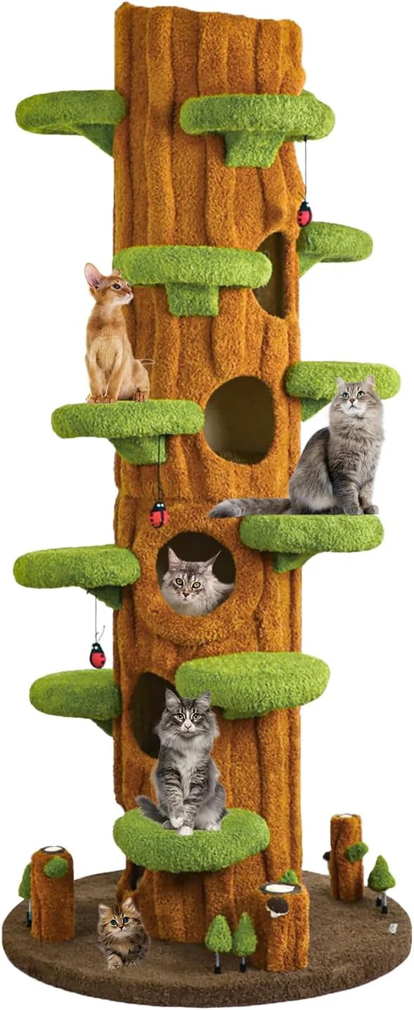 Smooth 90.5'' Luxury Cat Tree for Indoor Cats All-in-One Tall Cat Tower with Scratching Post Multi-Level House Wood Condo for Multi-Cat Families Green Long-Lasting