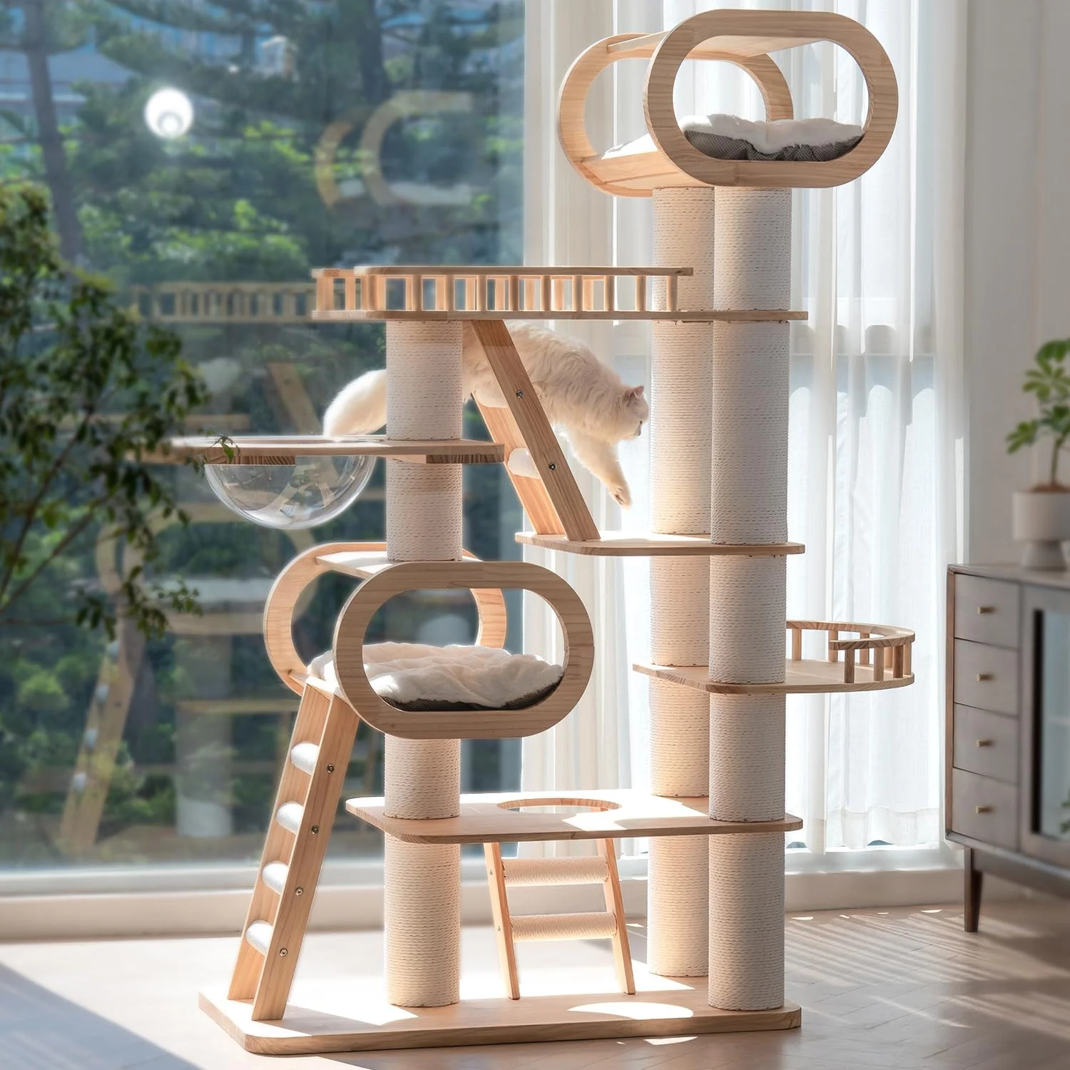 Detailed 76.8'' Modern Cat Tree for Indoor Cats Tall Wooden Cat Tower for Home Decoration Multi-Level Tower with Transparent Cat Bed Huge Cat Condo for Multi-Cat Families Verified