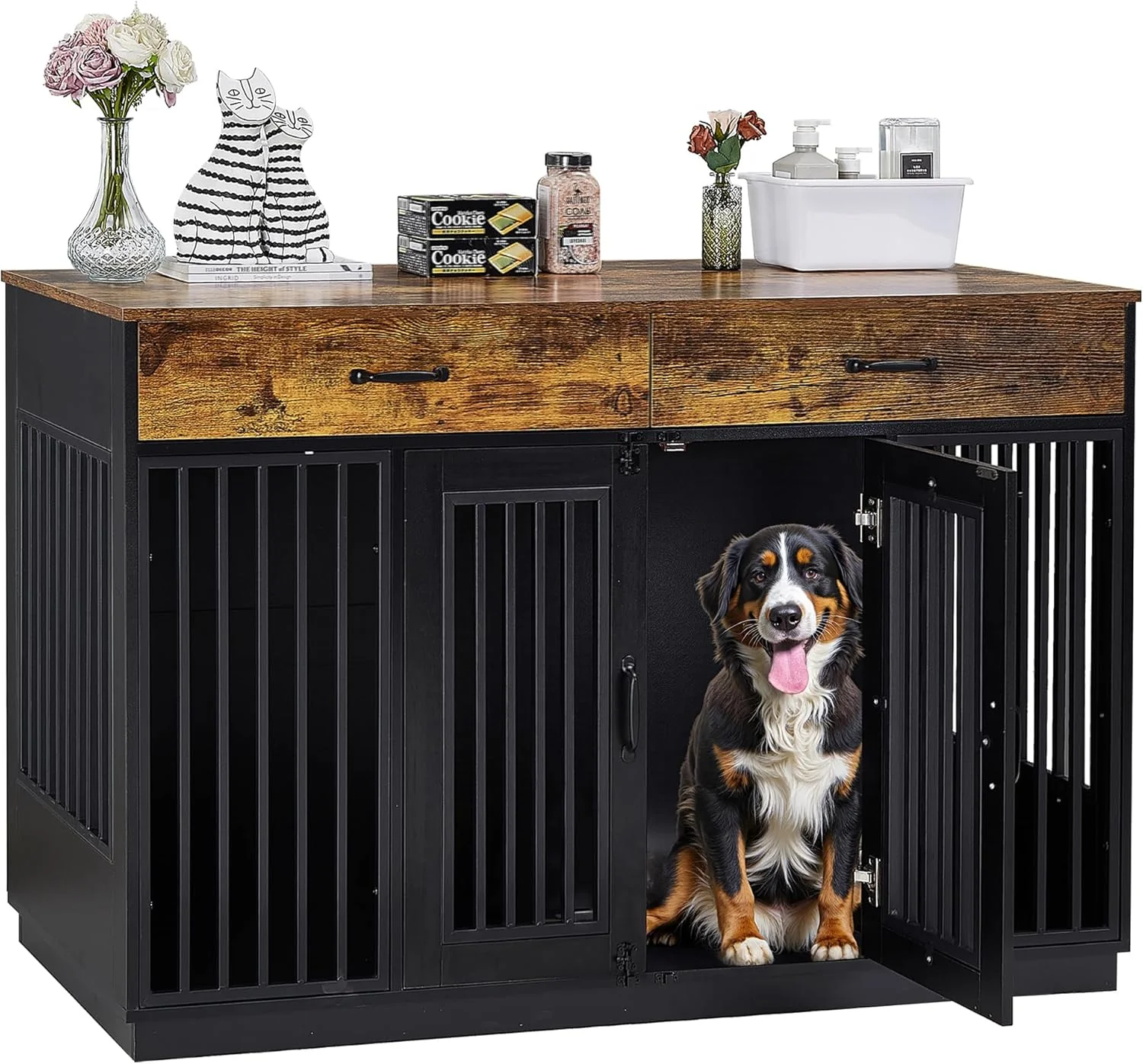 First-Class VECELO Dog Crate Furniture for Medium Large Dogs Wooden Dog Cage with Drawers Double Door Dog Kennel End Table Brown Exceptional