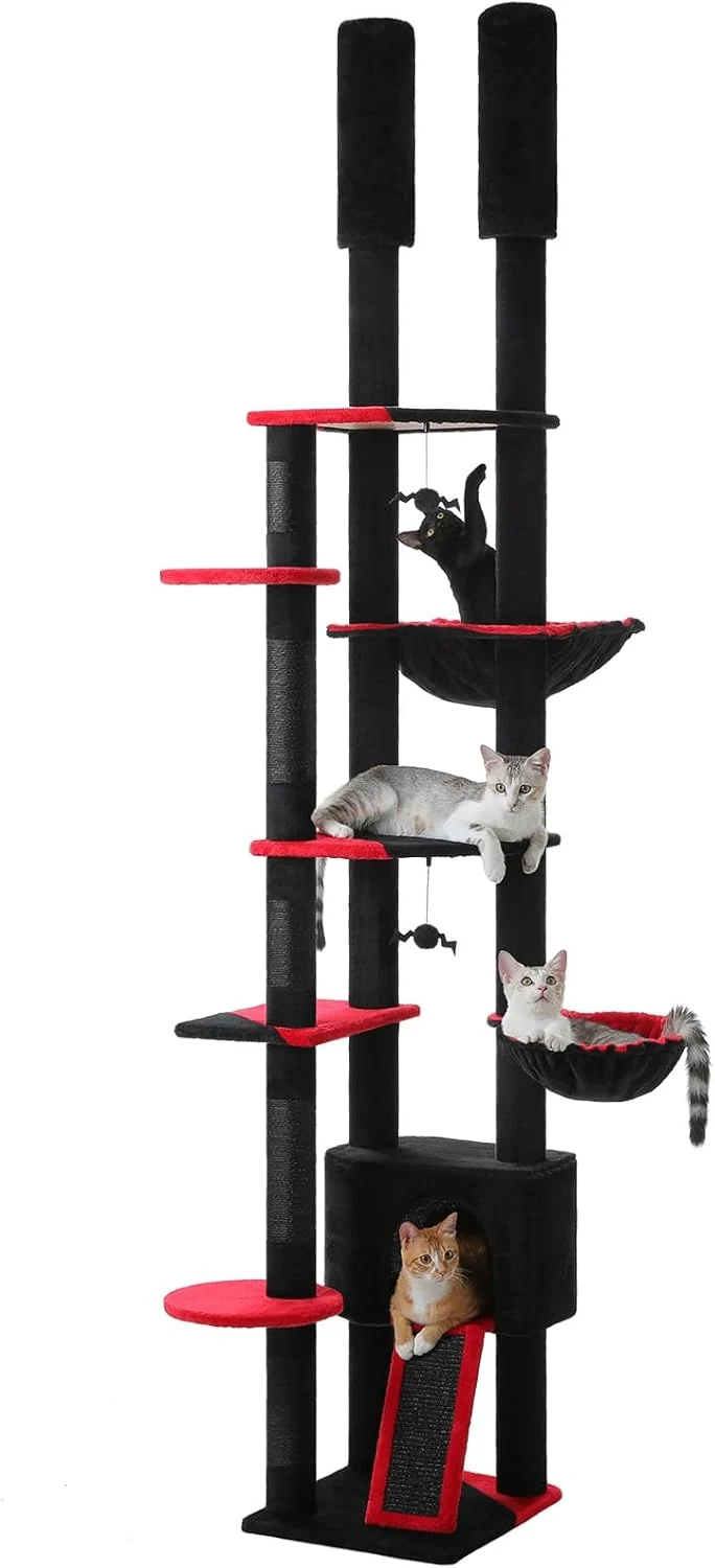 Detailed PEQULTI Tall Cat Tree Floor to Ceiling Cat Tree Tower Adjustable 90.5''-100.4'' 230-252CM with Cat Condo Hammock and Scratching Post Gothic Cat Climbing Tree for Indoor Large Cats Black Original