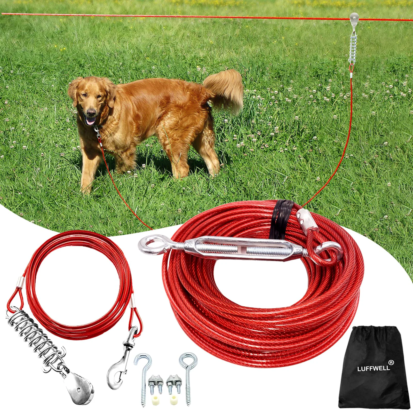 Safe LUFFWELL 100FT Dog Runner – Heavy Duty Trolley System for Large Dogs Up to 250 lbs Solid