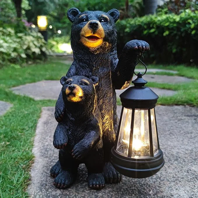 Practical Black Bear Solar Lantern Garden Statues，Loving Bear Figurine Lights Refined