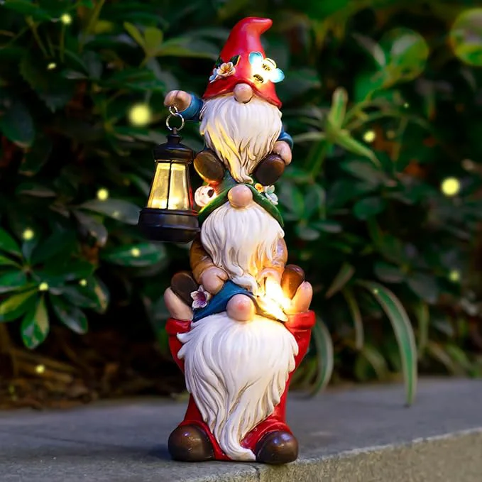 High-End Garden Gnome Statue with Solar Lights Garden Sculptures Funny Triple Gnome Clean